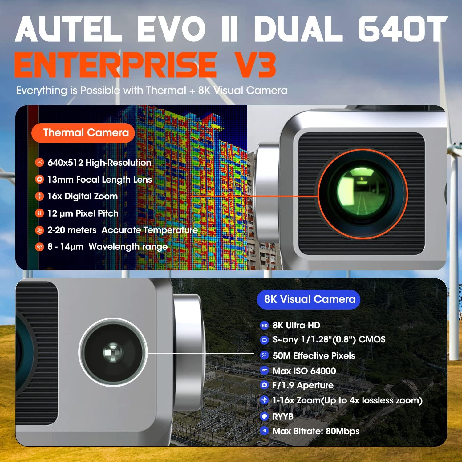 Autel Robotics EVO II Dual 640T Enterprise V3, 640 * 512 30Hz Thermal Imaging  8 CMOS Sensor, Mul-Temp Measurement, 10 Color Schemes, 4X Lossless Zoom, 8K Visual Camera, 42 Min, 15KM Transmission