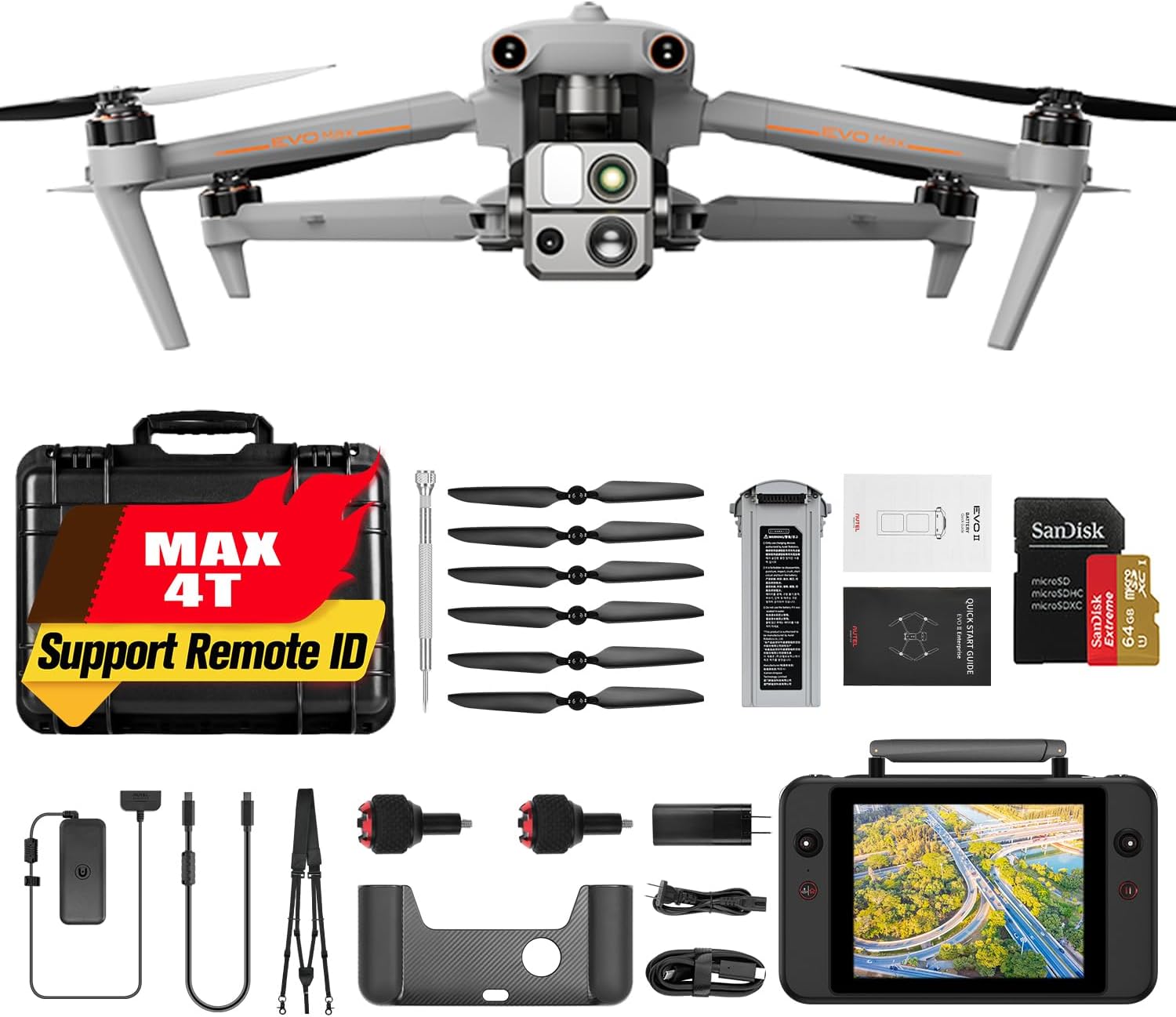 Autel Robotics EVO MAX 4T, Visiable/Zoom/Thermal/L-aser 4 Cameras in One Drone, 50MP1/1.28 CMOS 8K Camera, 1-160x Super Zoom, 640×512 Thermal Resolution, 16.4–3737 ft L-aser Range, A-Mesh 1.0, 720° No Blind Spot, 42 Min, SkyLink 3.0 for 20KM Transmission