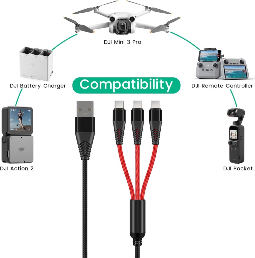 Charger for DJI Mini 4 Pro, Mini 3 Pro, Mavic 3, Air 2S, Avata Drone, 3-in-1 3A Fast Charging Cable USB C Cord with Adapter for DJI FPV Remote Controller Motion Controller Battery Accessories, 4ft