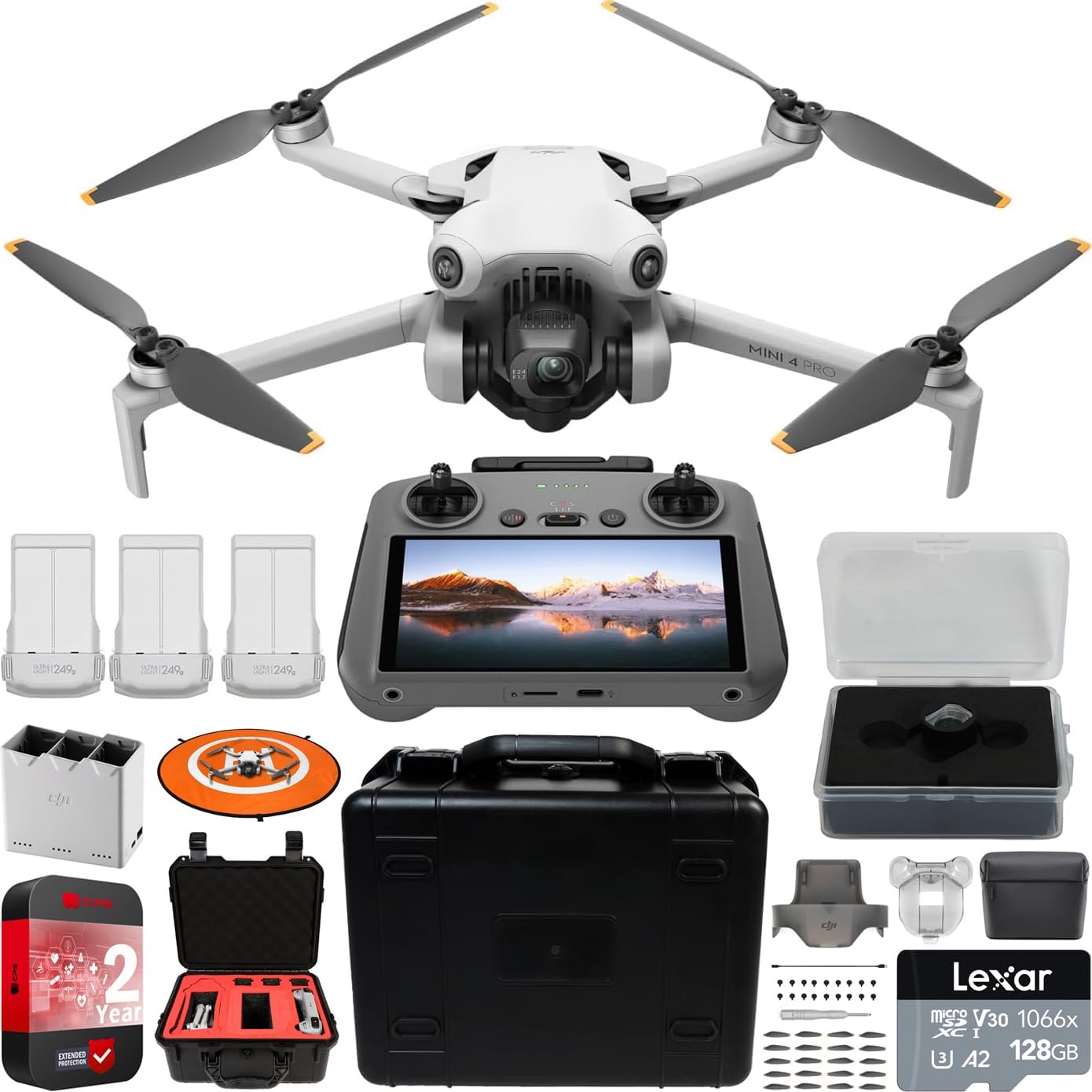 DJI Mini 4 Pro Folding Drone with RC 2 Remote (With Screen) Fly More Combo, 4K HDR Video Camera, Under 249g, 3 Batteries Bundle with Deco Gear Custom Hard Case + Wide Angle Lens  Accessories