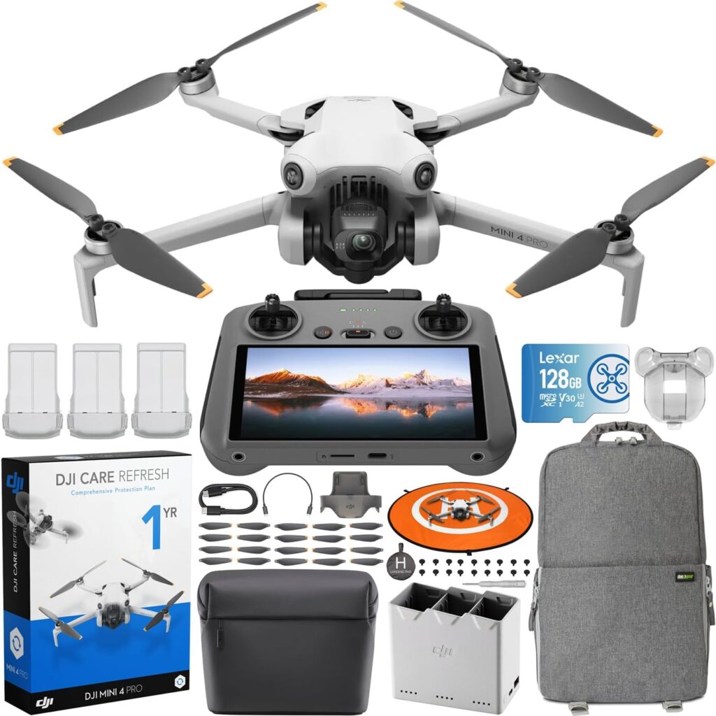 DJI Mini 4 Pro Folding Drone with RC 2 Remote (With Screen) Fly More Combo Plus, 4K HDR, Under 249g, Omnidirectional Sensing, 3 Plus Batteries Bundle with 1 Year DJI Care Refresh Plan  Accessories