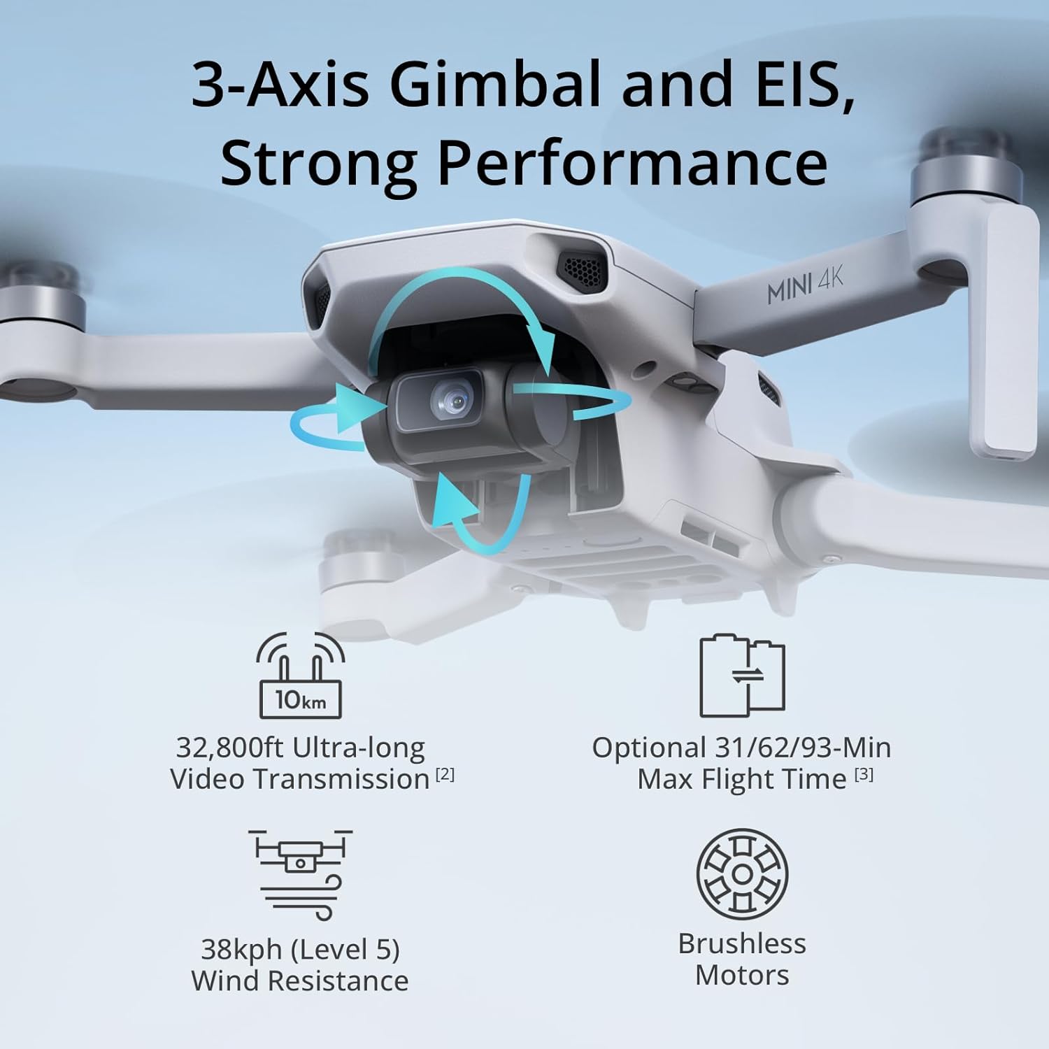 DJI Mini 4K, Drone with 4K UHD Camera for Adults, Under 249 g, 3-Axis Gimbal Stabilization, 10km Video Transmission, Auto Return, Wind Resistance, 1 Battery for 31-Min Max Flight Time