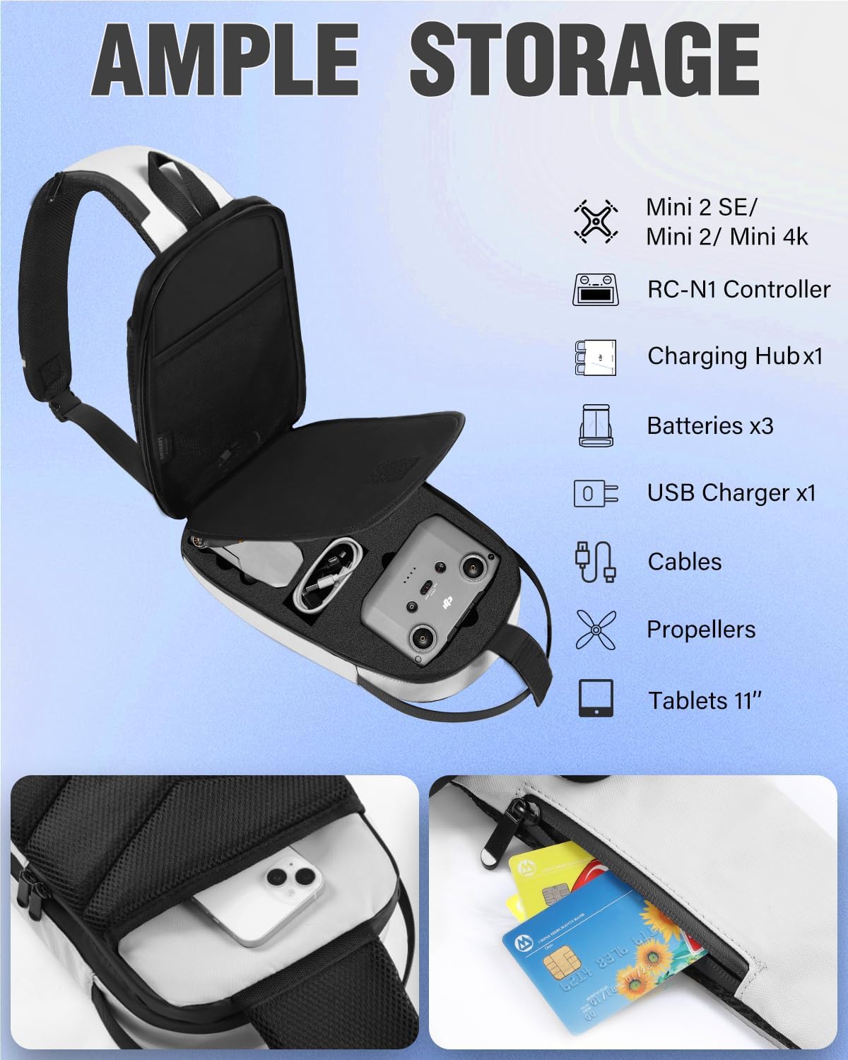 Mini 2 SE Case, Waterproof Hard Carrying Case Portable Travel Drone Sling Bag Backpack Compatible with DJI Mini 4K/ Mini 2/ Mini 2 SE Fly More Combo Accessories, Black