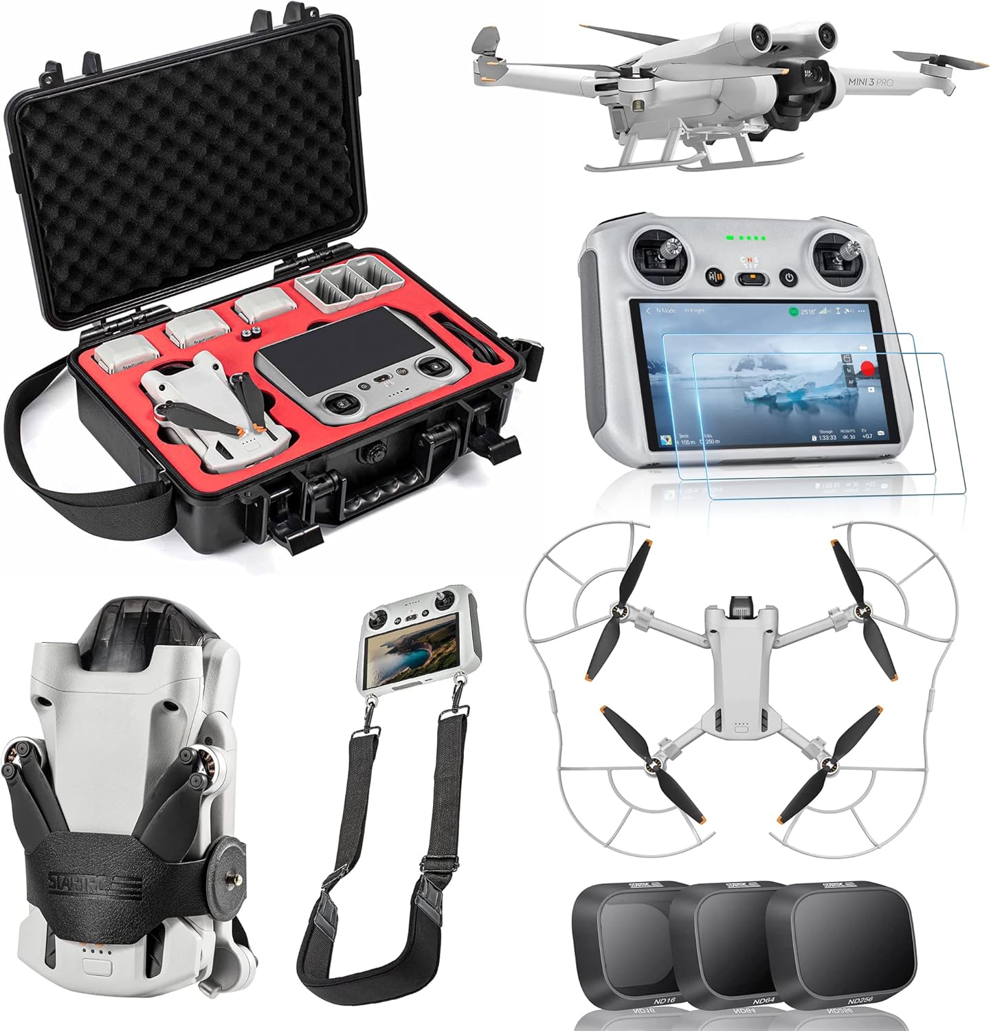 STARTRC Bundle 7 in 1 Accessories kit Waterproof Case,Glass,Filters,Propeller Holder,Propeller Guard,Lanyard Neck Strap,Landing Gear for DJI Mini 3 Pro Accessories(Not including drone and controller)