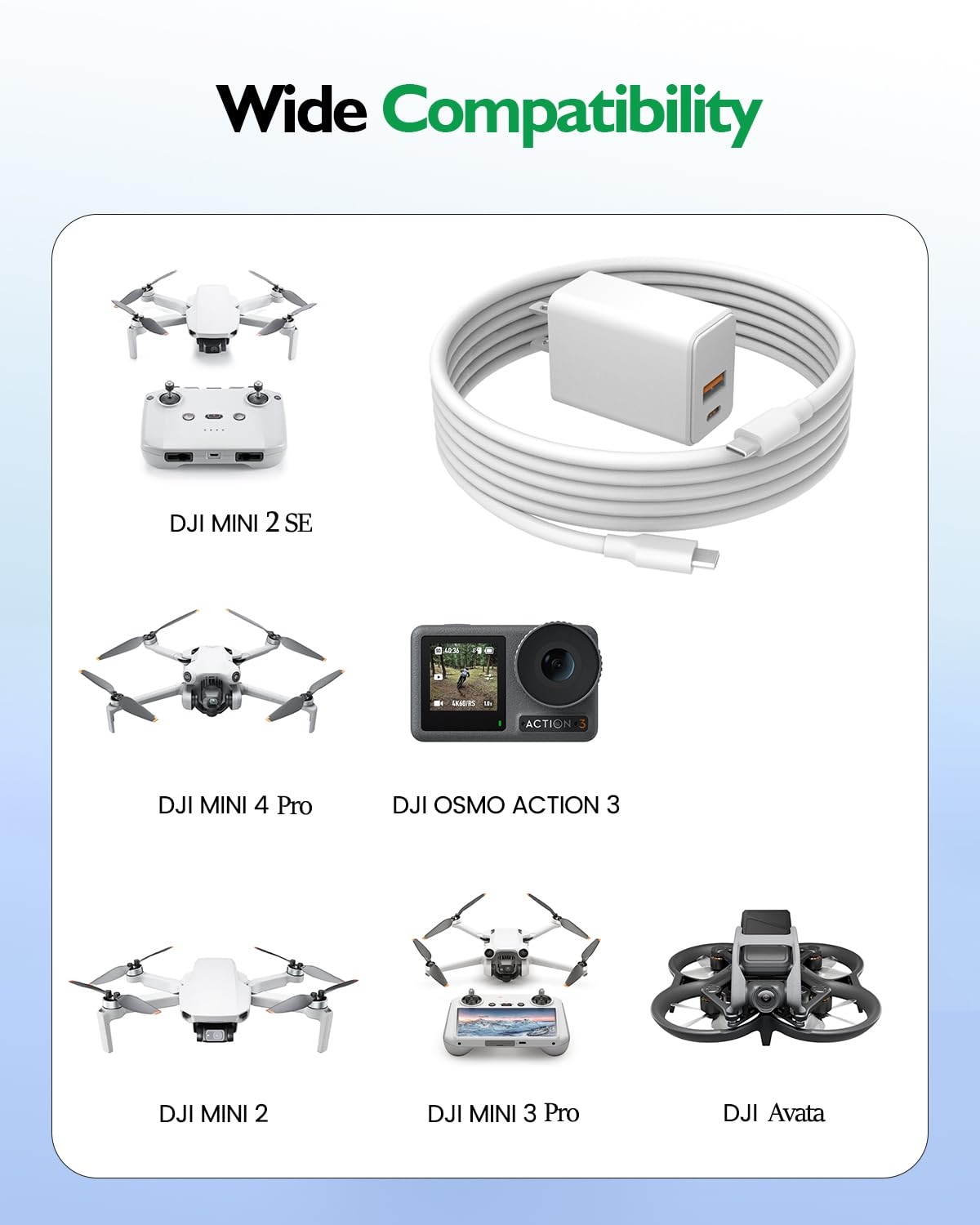 30W USB-C Fast Charger Fit for DJI Mini-2-SE, Mini-4-Pro, Mini 3 Pro, Mini 2, Mini 3 4, Osmo Pocket 3, Avata, Mini SE Charging, Dual Port Type C Wall Charger with USB C to USB C Cable Power Adapter