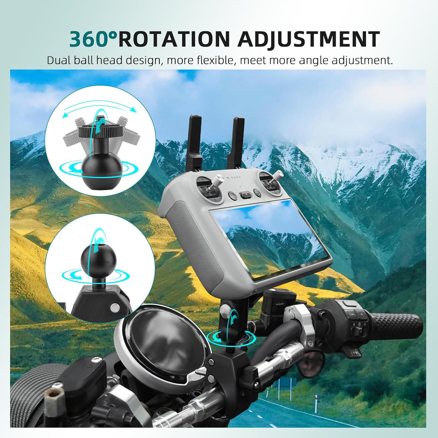 Bike Holder Mount Adapter for DJI RC 2/ RC Controller,360° Dual Ball Head Motorcycle Handlebar Holder Clamp for DJI Mini 4 Pro/Mini 3 Pro/Air 3/Mavic 3 Pro Smart Remote Controller