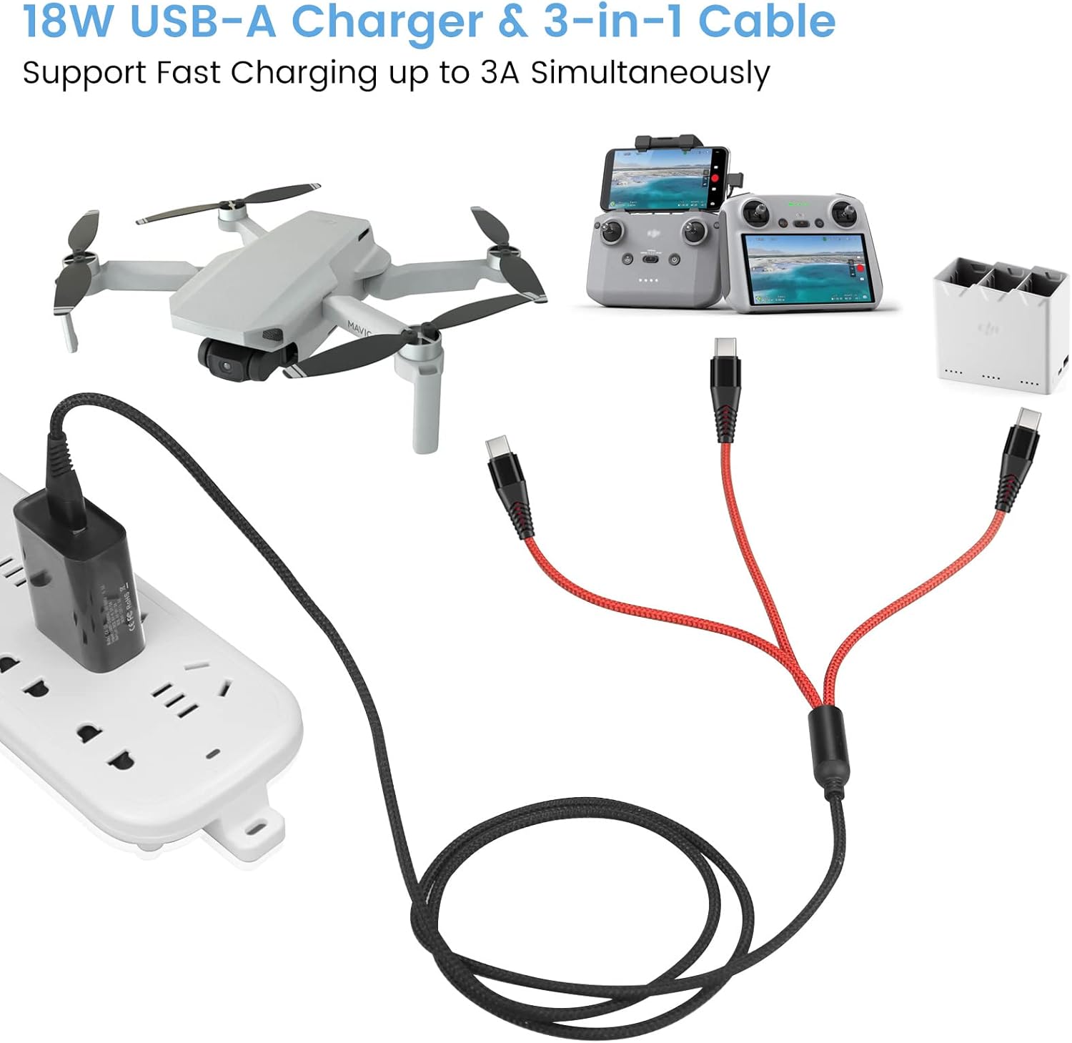 Charger for DJI Mini 2 SE, Mini 3 Pro, Air 2S, Avata, Mavic Drones, 3-in-1 USB Type C 3A Fast Charging Cable with 18W Adapter for DJI FPV Accessories, 4ft Long