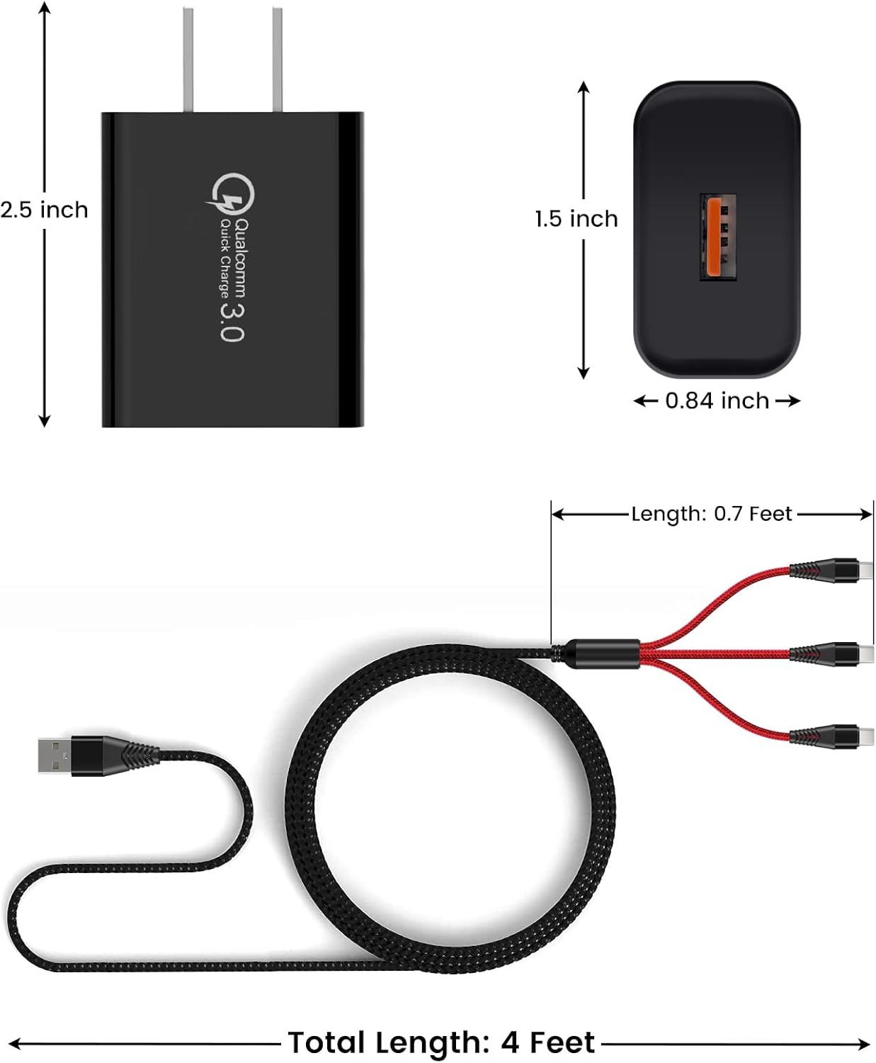 Charger for DJI Mini 2 SE, Mini 3 Pro, Air 2S, Avata, Mavic Drones, 3-in-1 USB Type C 3A Fast Charging Cable with 18W Adapter for DJI FPV Accessories, 4ft Long