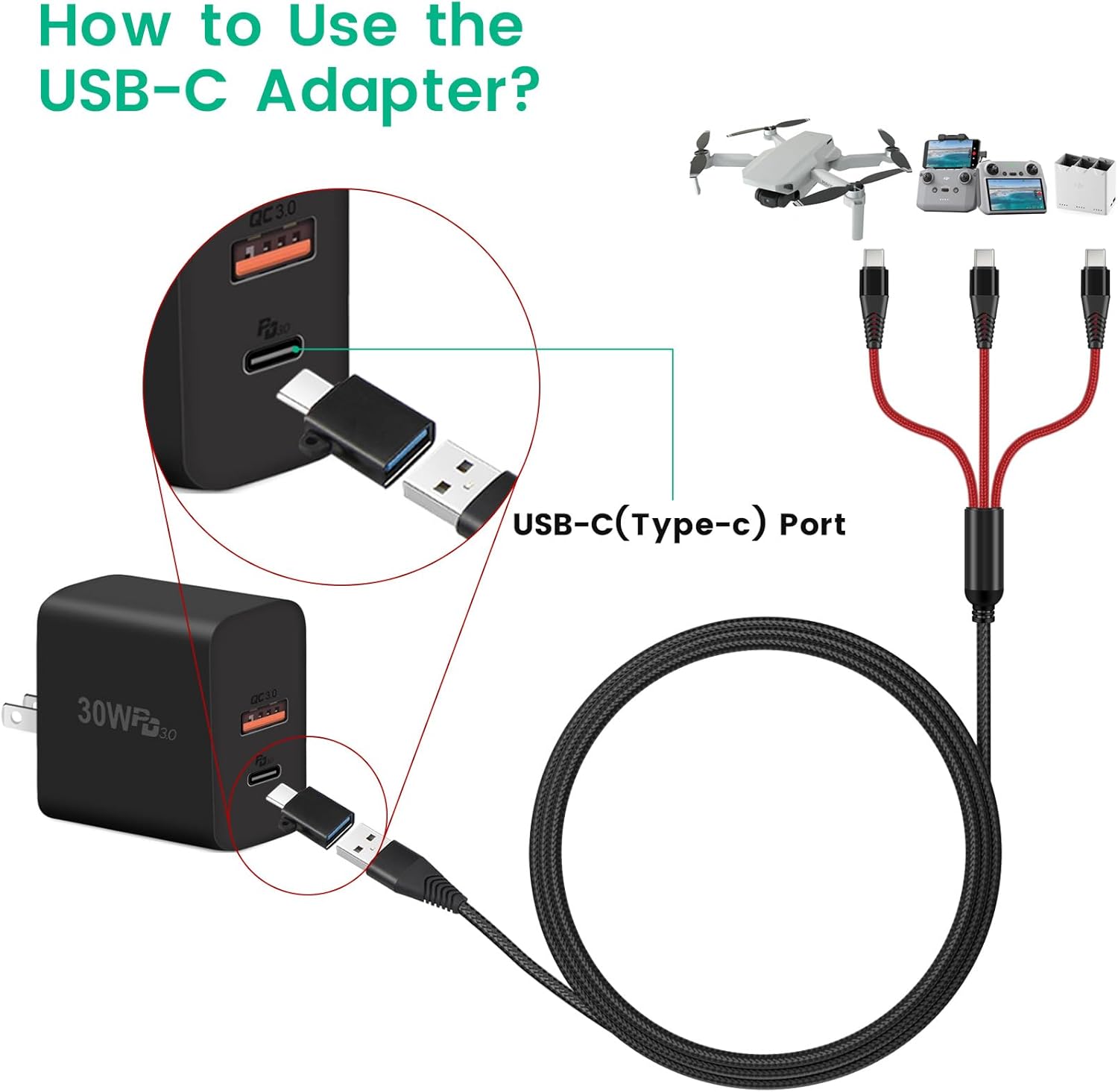 Charger for DJI Mini 4 Pro, Mini 3 Pro, Mavic 3, Air 2S, Avata Drone, 3-in-1 3A Fast Charging Cable USB C Cord with Adapter for DJI FPV Remote Controller Motion Controller Battery Accessories, 4ft