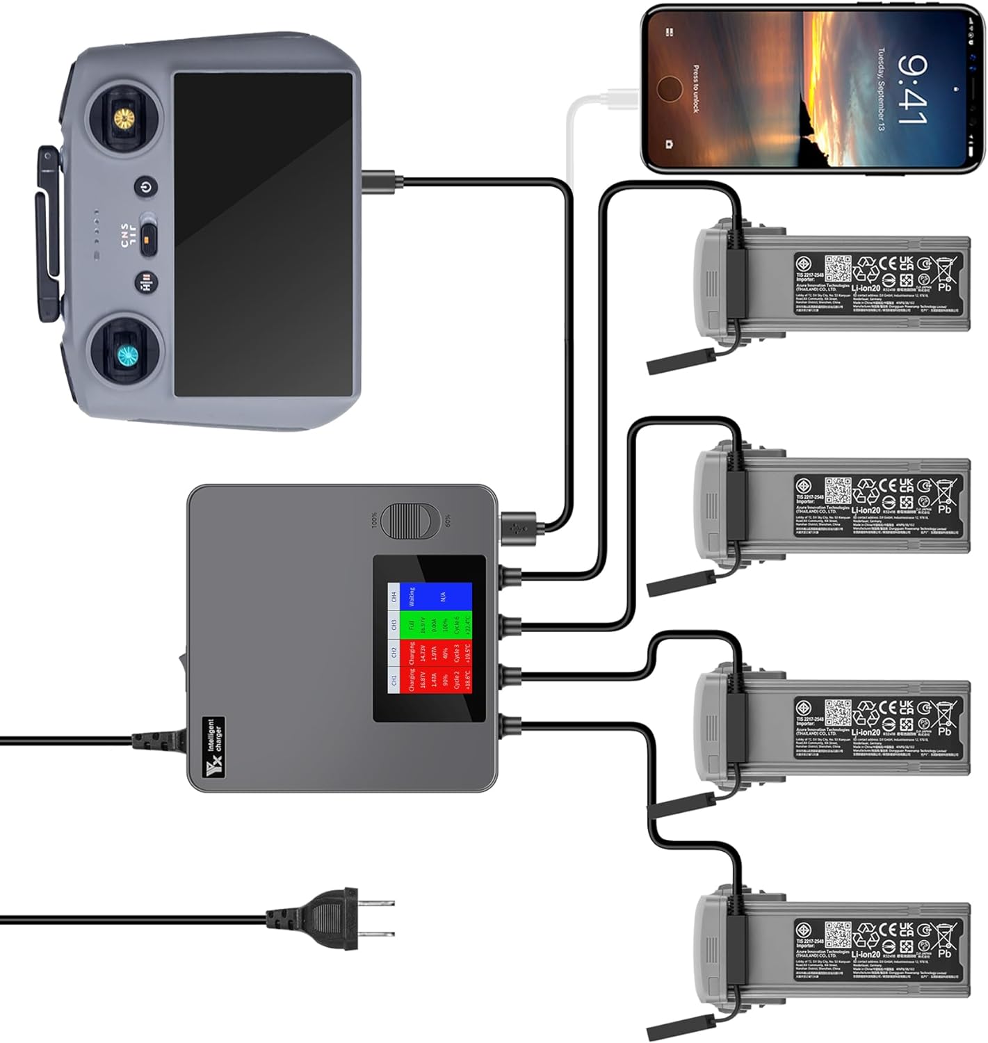 Display Battery Charger for DJI Air 3,Full and Storage Charge, LCD 6 in 1 Multi Hub,Rapid Charging Four Batteries Drone Accessories