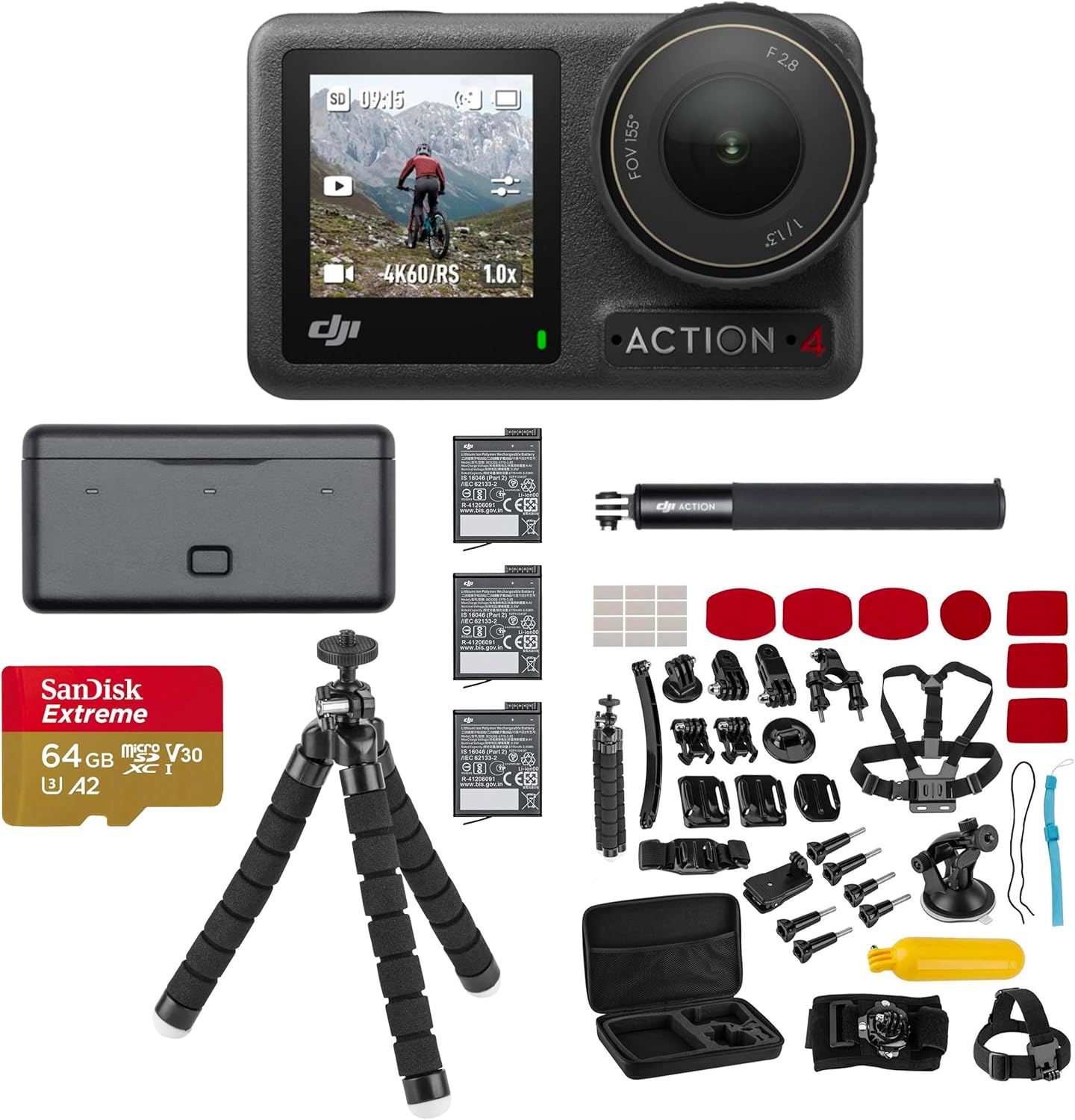 DJI Osmo Action 4 Camera Adventure Combo Includes 3X Extreme Battery, Curved Adhesive Base, Protective Frame, Extension Rod, Battery Case - Bundle with 64GB microSD Card, 47-Pc Accessory Kit