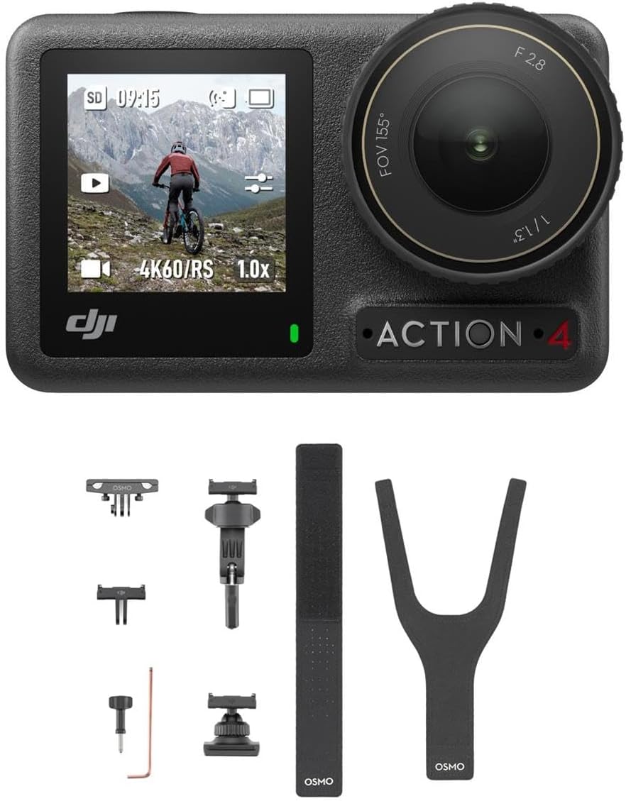 DJI Osmo Action 4 Waterproof Action Camera Outdoor Standard Combo Includes Extreme Battery, Curved Adhesive Base, Protective Frame - Bundle with Road Cycling Accessory Set