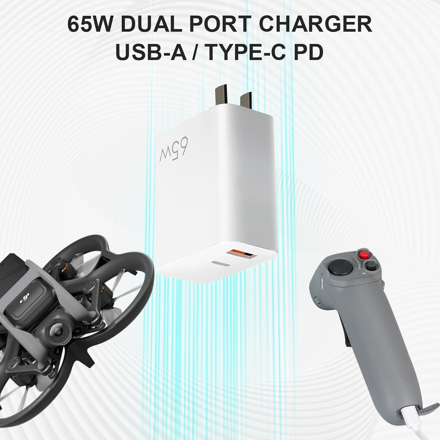 Drone Power Adapter, 65W GaN Dual Port Compact Charger Block, USB C and B Port Charger, Compatible with DJI Avata 2、Mini 2、Mini 3 Pro、Mini 4 Pro、Air 2s、Avata 1、Air 3、DJI Neo Drone Accessories