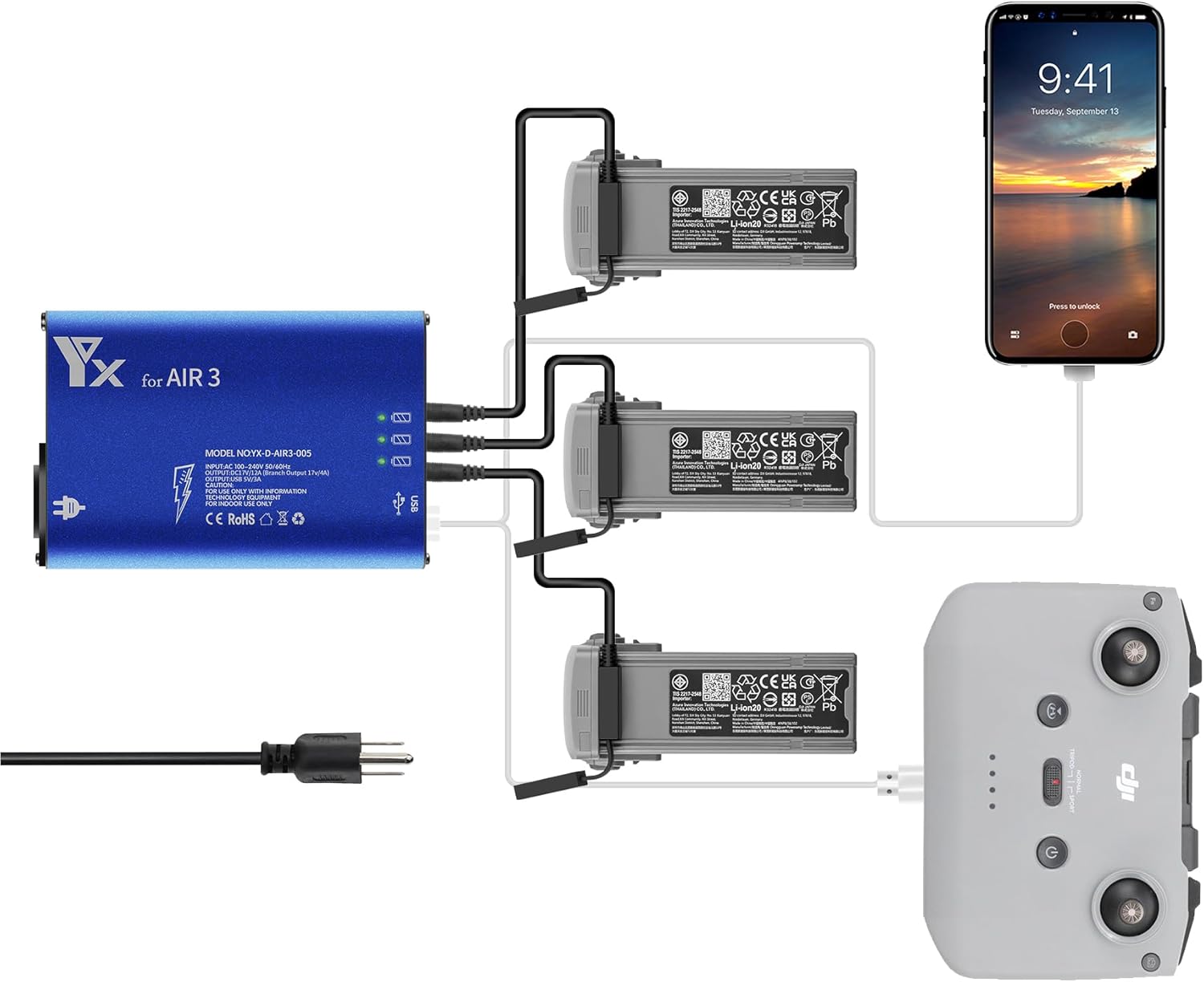 Hanatora Parallel Fast Charger for DJI Air 3,Rapid simultaneous Battery Charging Hub,Multi Drone Charge Accessories