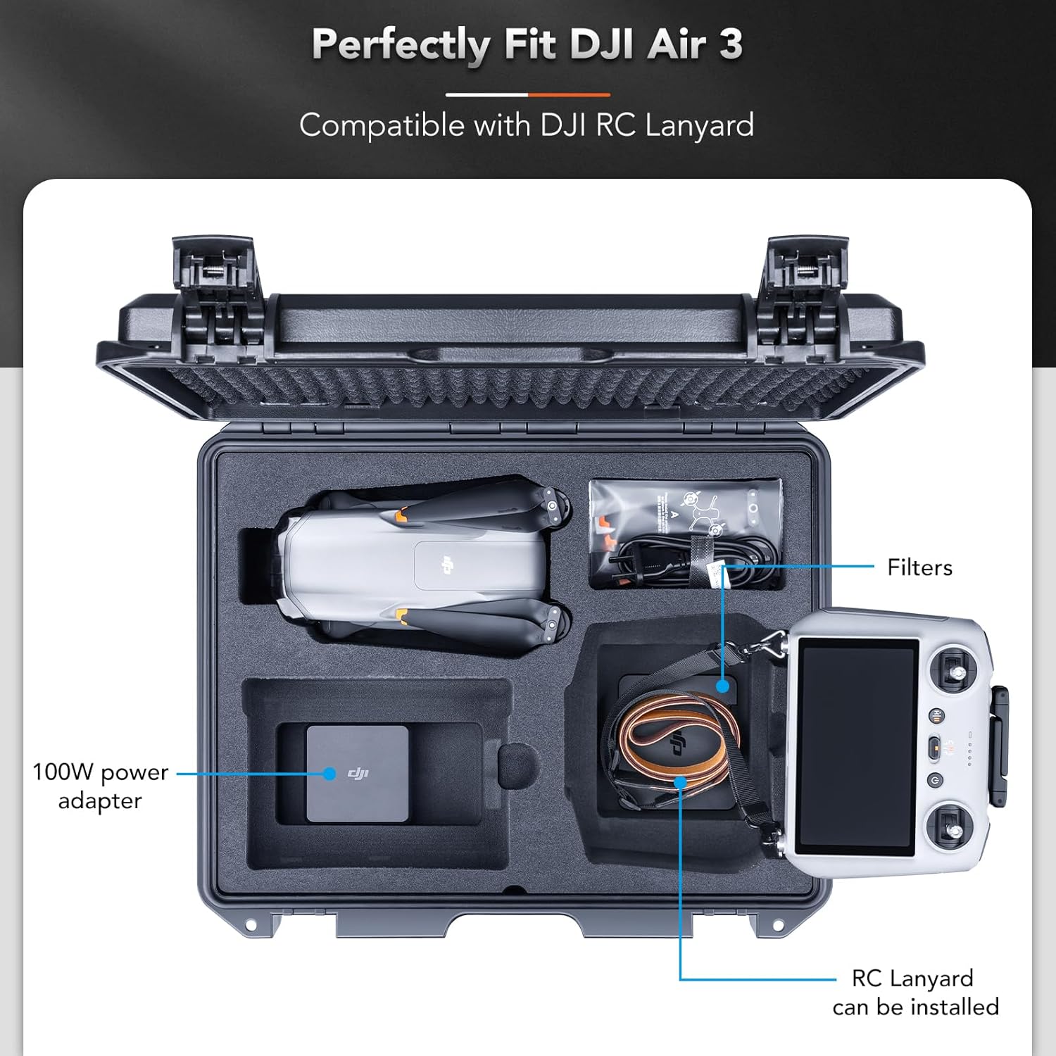 Lykus Titan MA310 Waterproof Hard Case for DJI Air 3 and DJI RC 2/RC-N2, Support RC Lanyard [CASE ONLY]