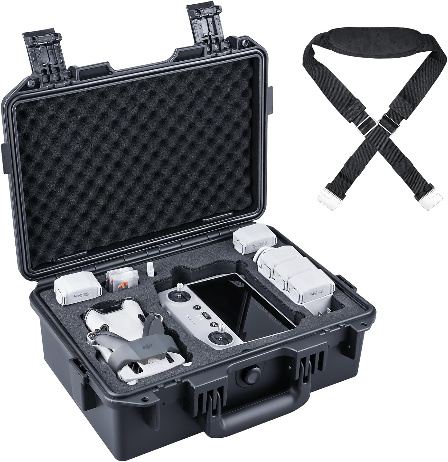 Lykus Titan MM410 Waterproof Hard Case for DJI Mini 4 Pro/Mini 3/Pro and RC2/RC/RC-N2/N1, Black with Shoulder Strap, Support 7 batteries and RC lanyard [CASE ONLY]