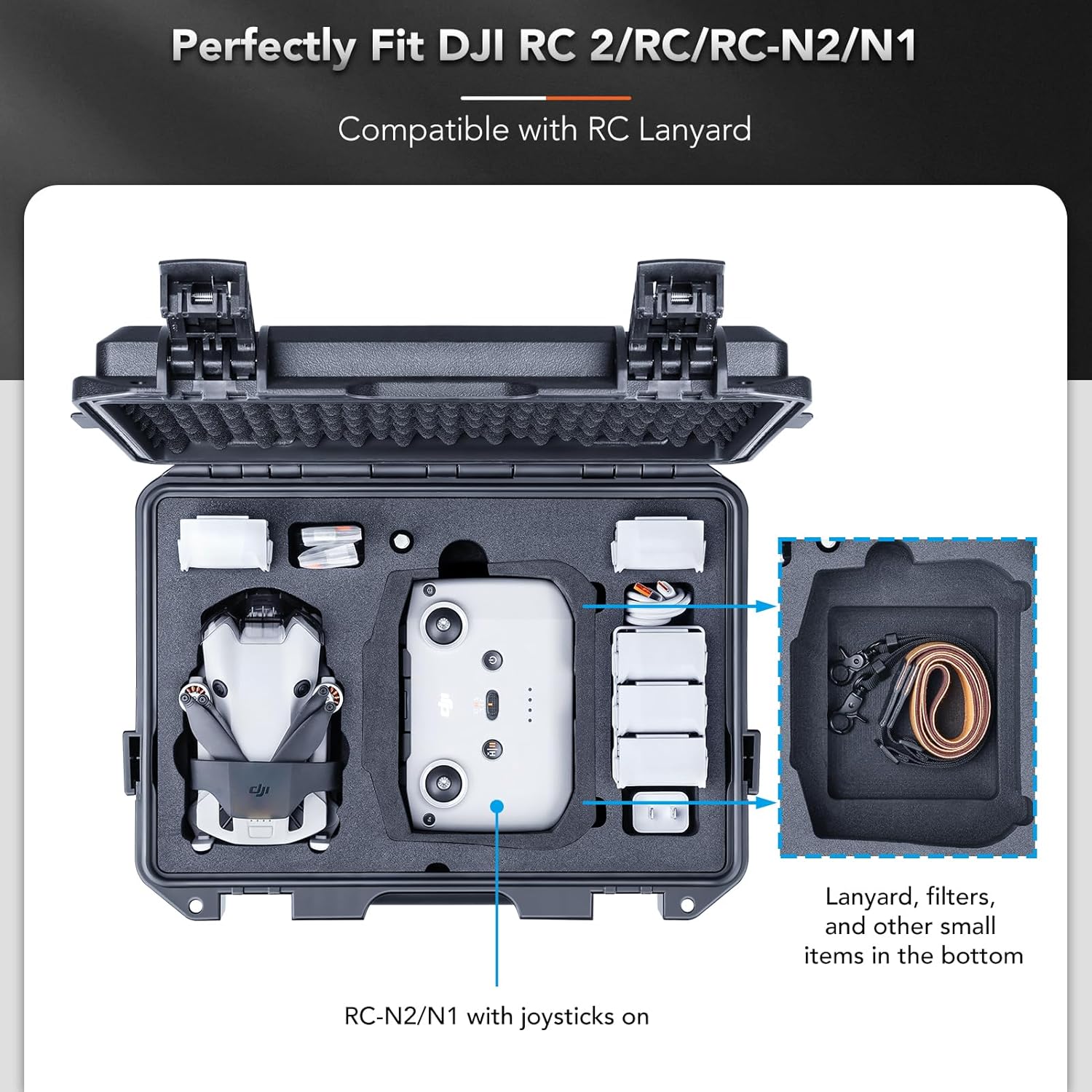 Lykus Titan MM410 Waterproof Hard Case for DJI Mini 4 Pro/Mini 3/Pro and RC2/RC/RC-N2/N1, Black with Shoulder Strap, Support 7 batteries and RC lanyard [CASE ONLY]