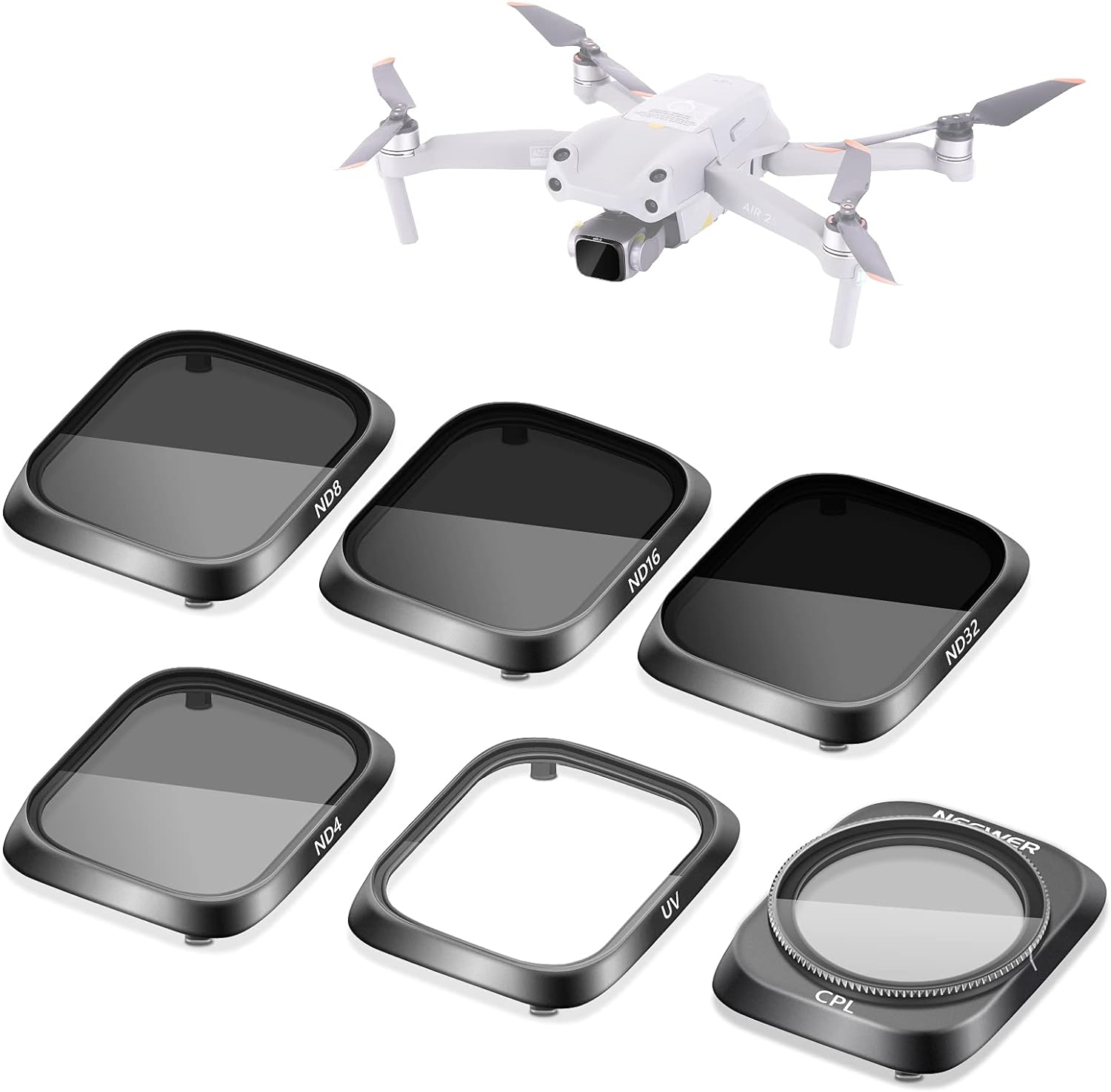 NEEWER 6PCS Lens Filter Kit Compatible with DJI Air 2S, UV CPL ND4 ND8 ND16 ND32 Multi Coated HD Optical Glass, Aluminum Alloy Frame Neutral Density Polarizer Filter for Drone Camera Accessories