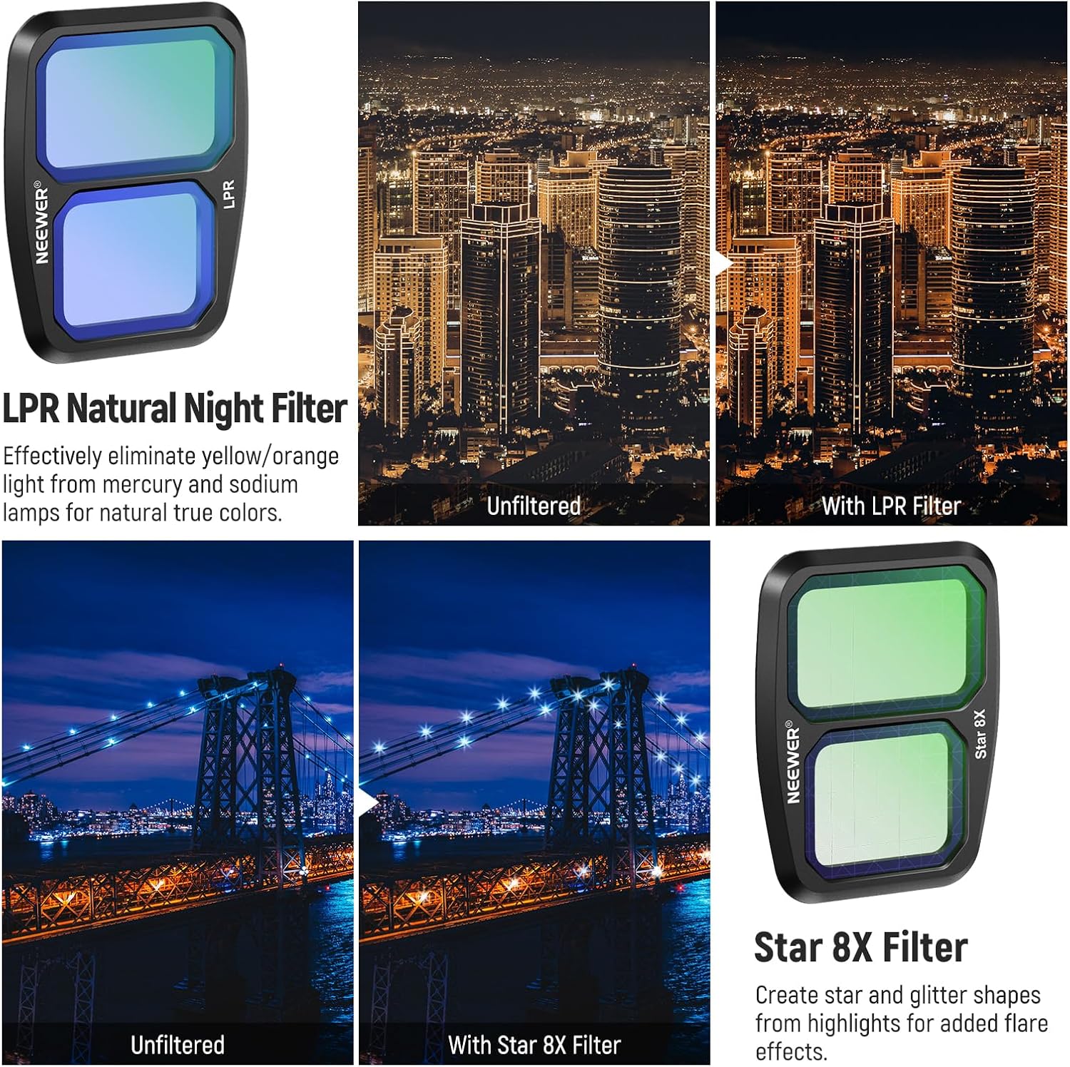 NEEWER ND  Effect Filter Set Compatible with DJI Air 3, 10 Pack Snap On HD ND8/ND16/ND32/ND64/ND128/ND256 Neutral Density/CPL Polarizing/Light Pollution Reduction/8x Star/Blue Streak Anamorphic