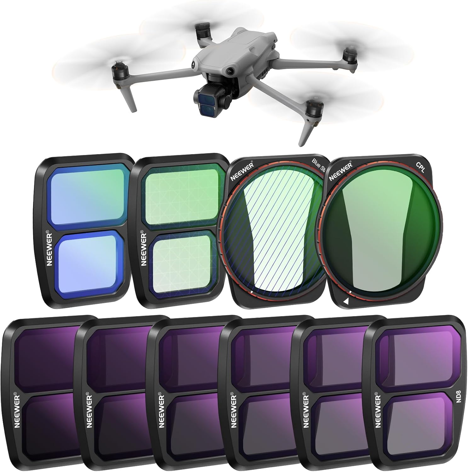 NEEWER ND  Effect Filter Set Compatible with DJI Air 3, 10 Pack Snap On HD ND8/ND16/ND32/ND64/ND128/ND256 Neutral Density/CPL Polarizing/Light Pollution Reduction/8x Star/Blue Streak Anamorphic