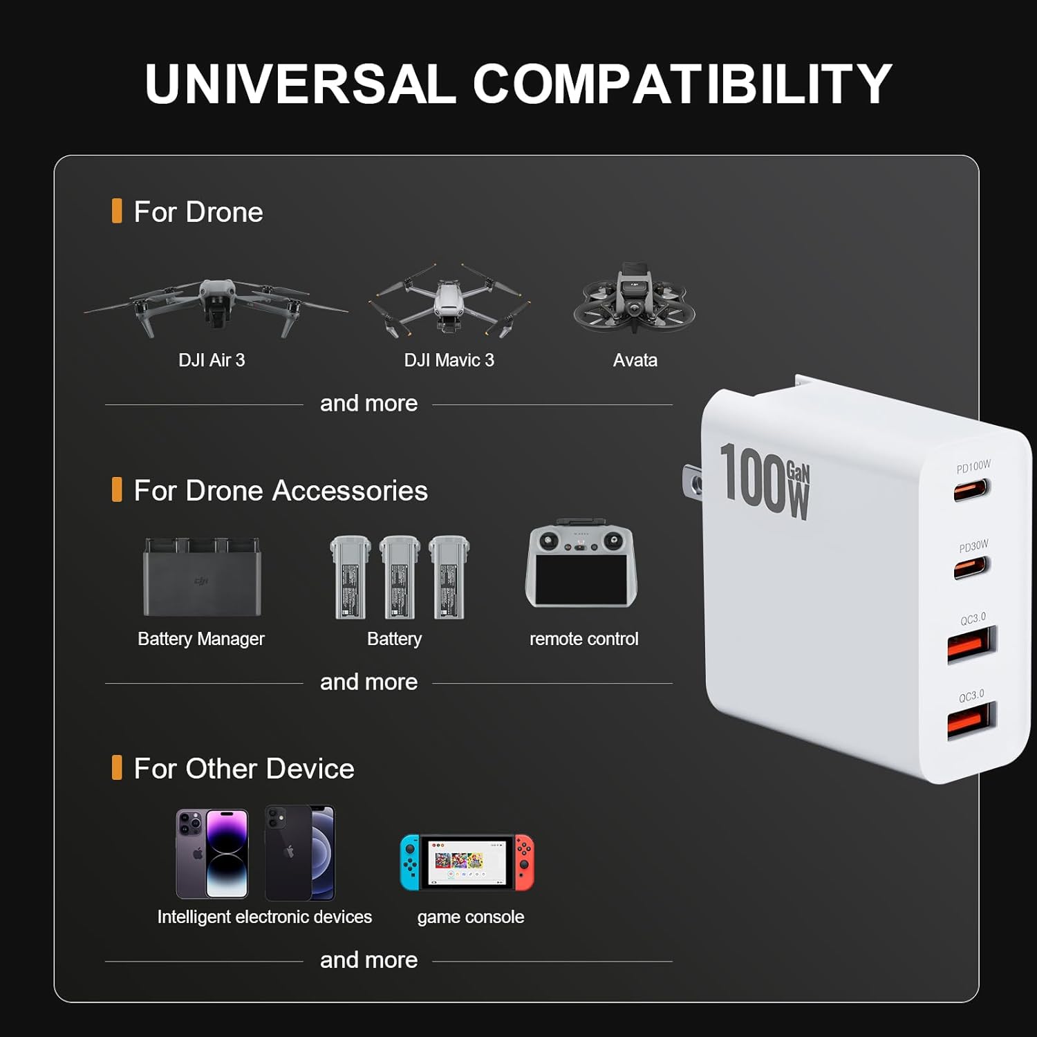 RCstyle Drone Power Adapter,100W GaN Charger 4-Port, Dual PD (100W/30W) and QC3.0 Port Fast Charger,Suitable for DJI Avata 2,Air 3,Mini 2,Mini 3 Pro,Mini 4 Pro,Air 2s,Avata1,DJI NEO Drone Accessories