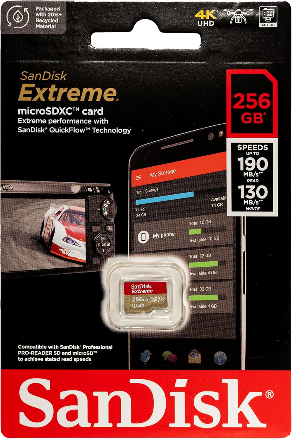 SanDisk Extreme 256GB MicroSD Memory Card (2 Pack) Works with DJI Drone Series Mini 4 Pro (SDSQXAV-256G-GN6MN) V30 A2 4K UHD UHS-I Bundle with (1) Everything But Stromboli MicroSDXC Card Reader