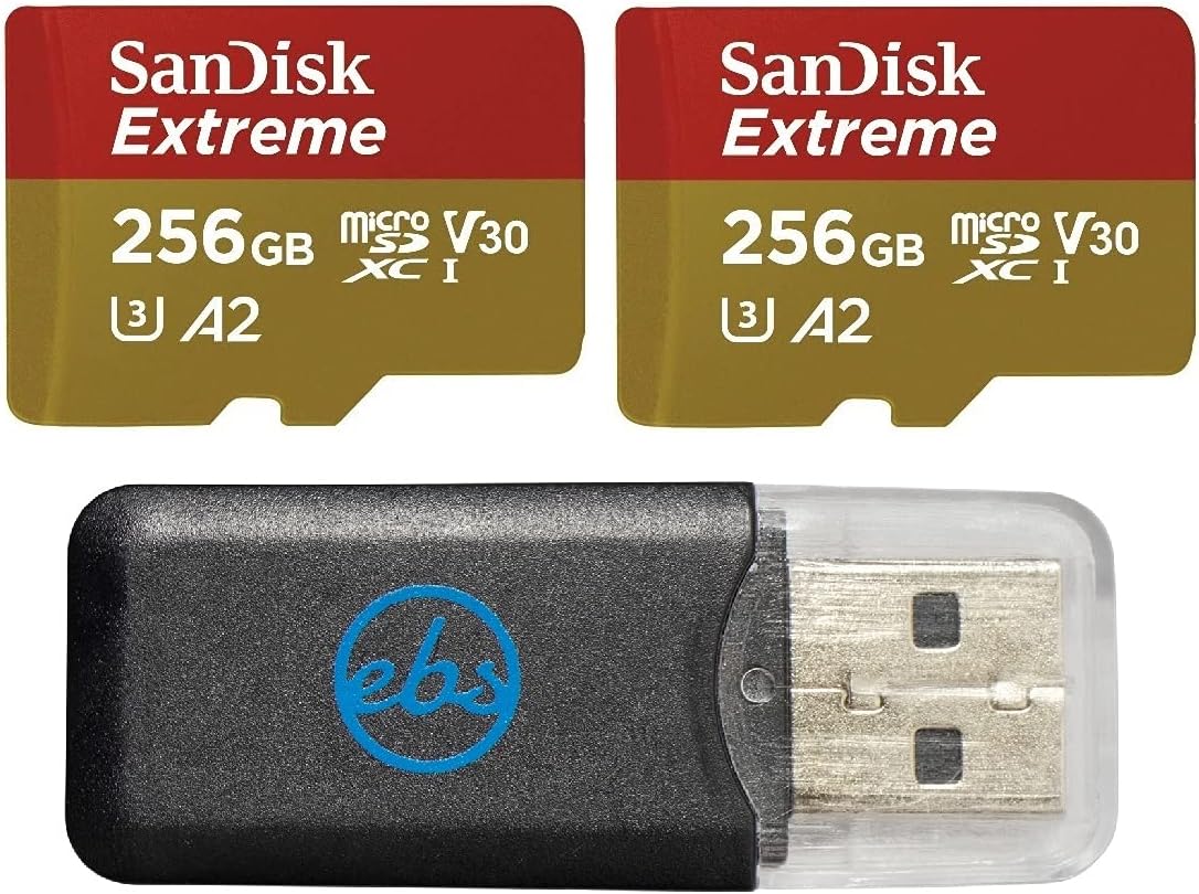 SanDisk Extreme 256GB MicroSD Memory Card (2 Pack) Works with DJI Drone Series Mini 4 Pro (SDSQXAV-256G-GN6MN) V30 A2 4K UHD UHS-I Bundle with (1) Everything But Stromboli MicroSDXC Card Reader