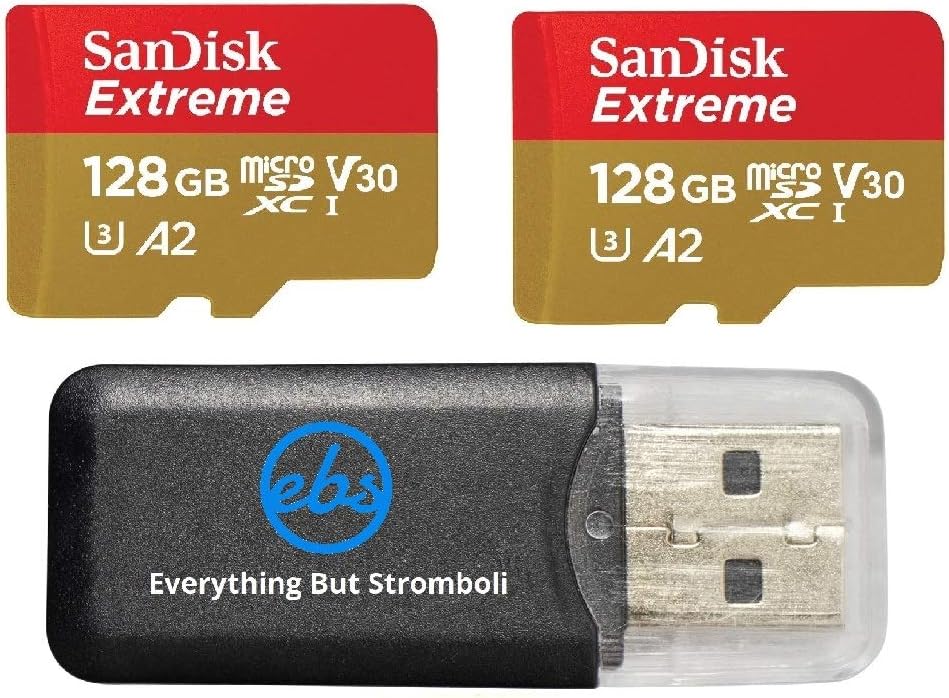 SanDisk Extreme MicroSD Card 128GB Memory Card (Two Pack) for DJI Air 2S Drone (SDSQXA1-128G-GN6MN) 4K Video Speed V30 UHS-I A2 160MB/s SDXC Bundle with (1) Everything But Stromboli Micro Card Reader