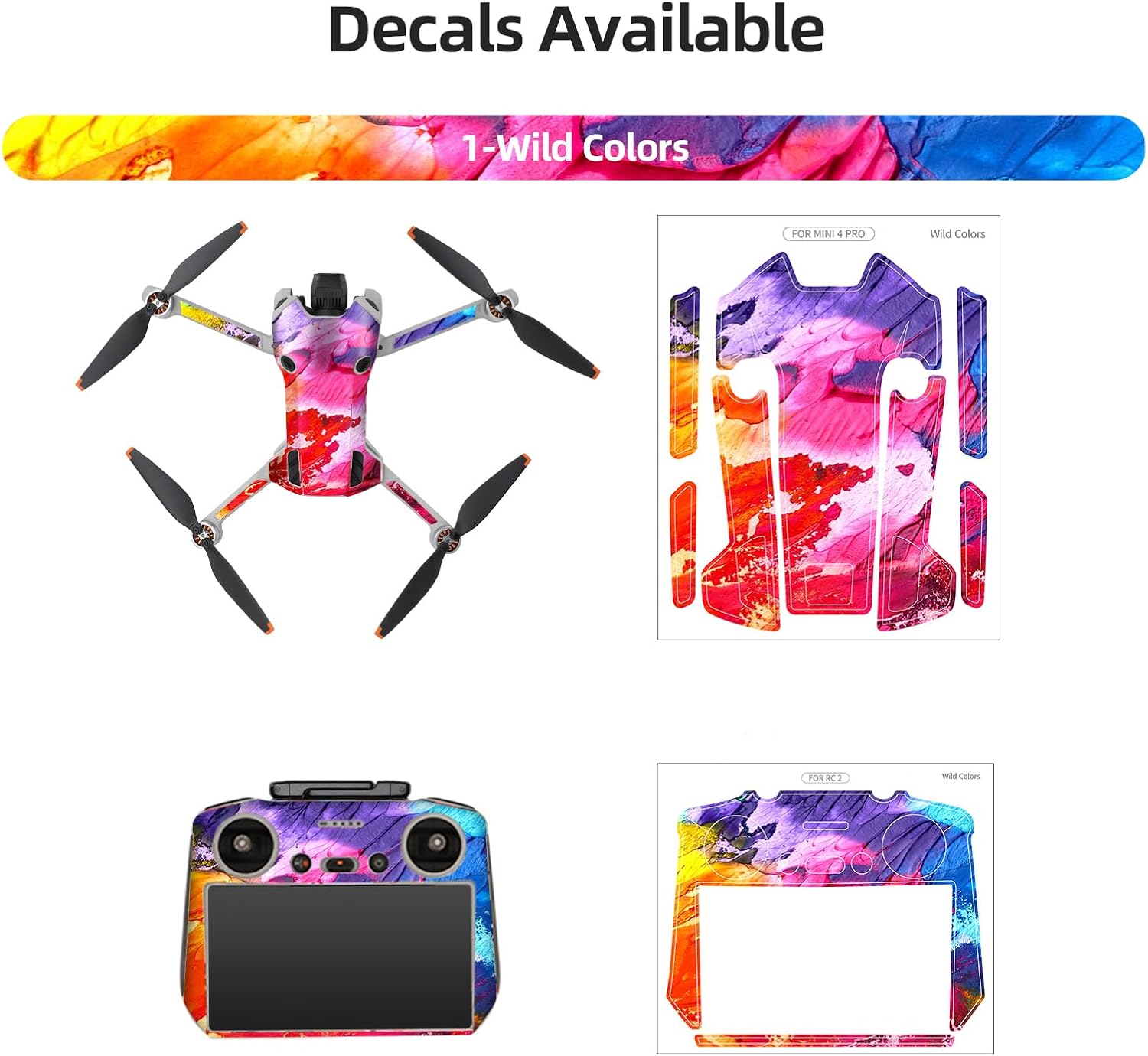 Skin Stickers Compatible with DJI Mini 4 Pro, Waterproof Sticker Decal Skin DIY Accessory for DJI Mini 4 Pro Drone and RC 2 Controller (F)