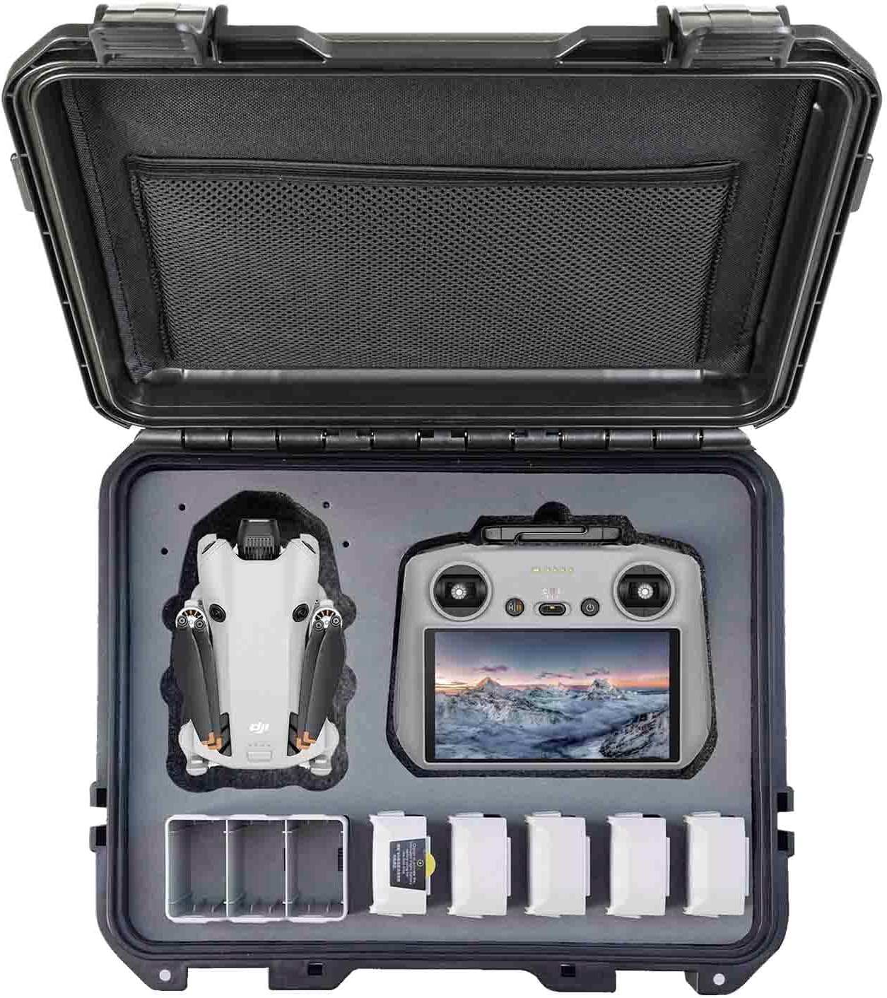 Waterproof Hard Case for DJI Mini 4 Pro Fly More Combo RC 2 / RC-N2, Rugged Protective Carrying Case Compatible with DJI Mini 4 PRO/Mini 3 PRO, Rubber Handle Mesh Pocket Black