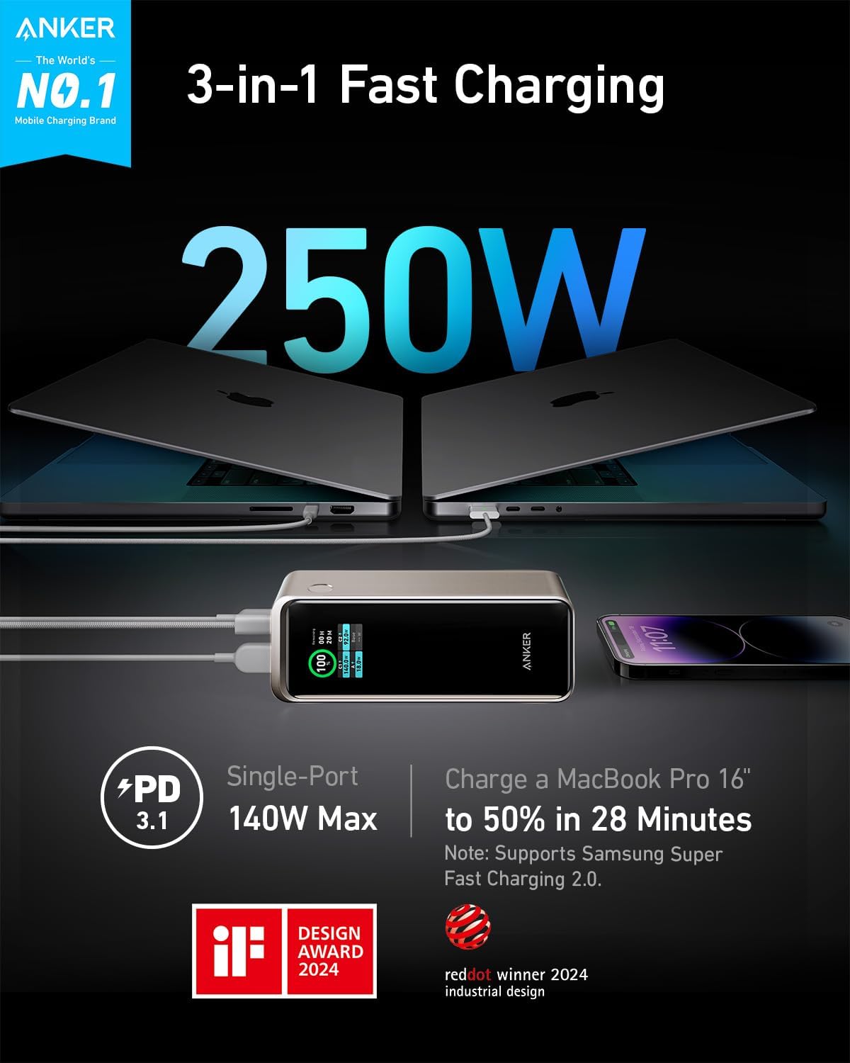 Anker Prime Power Bank, 27,650mAh 3-Port 250W Portable Charger (99.54Wh) Smart App, Compatible with MacBook Pro/Air, iPhone 16/15/14/13 Series, Samsung, Dell, and More (Charging Base Not Included)