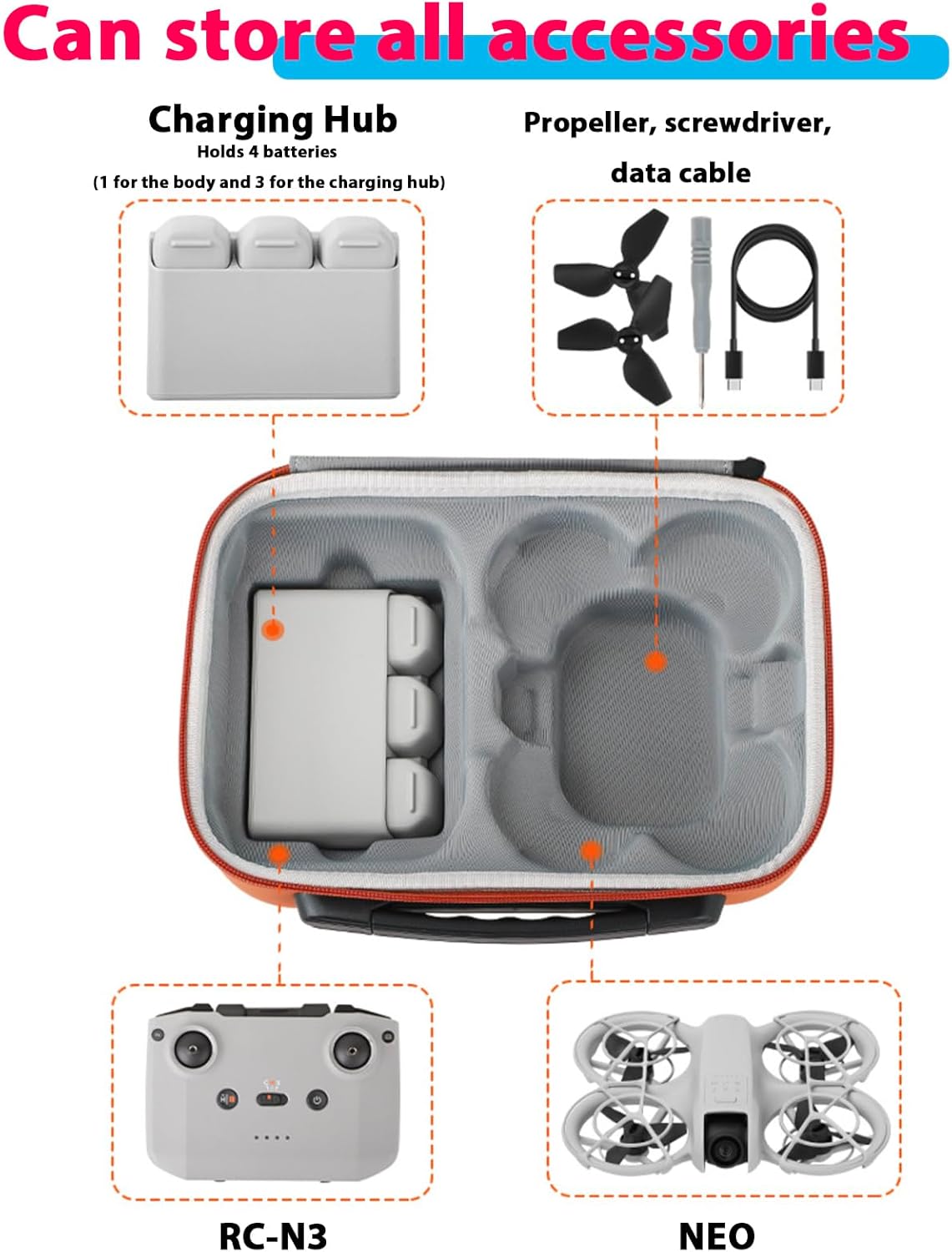 Carrying Case for DJI Neo Mini Camera Drone Combo Cover Accessories Remote Control Battery Charging Hub Propeller Cable Cord Bag Hard Shell (Orange)