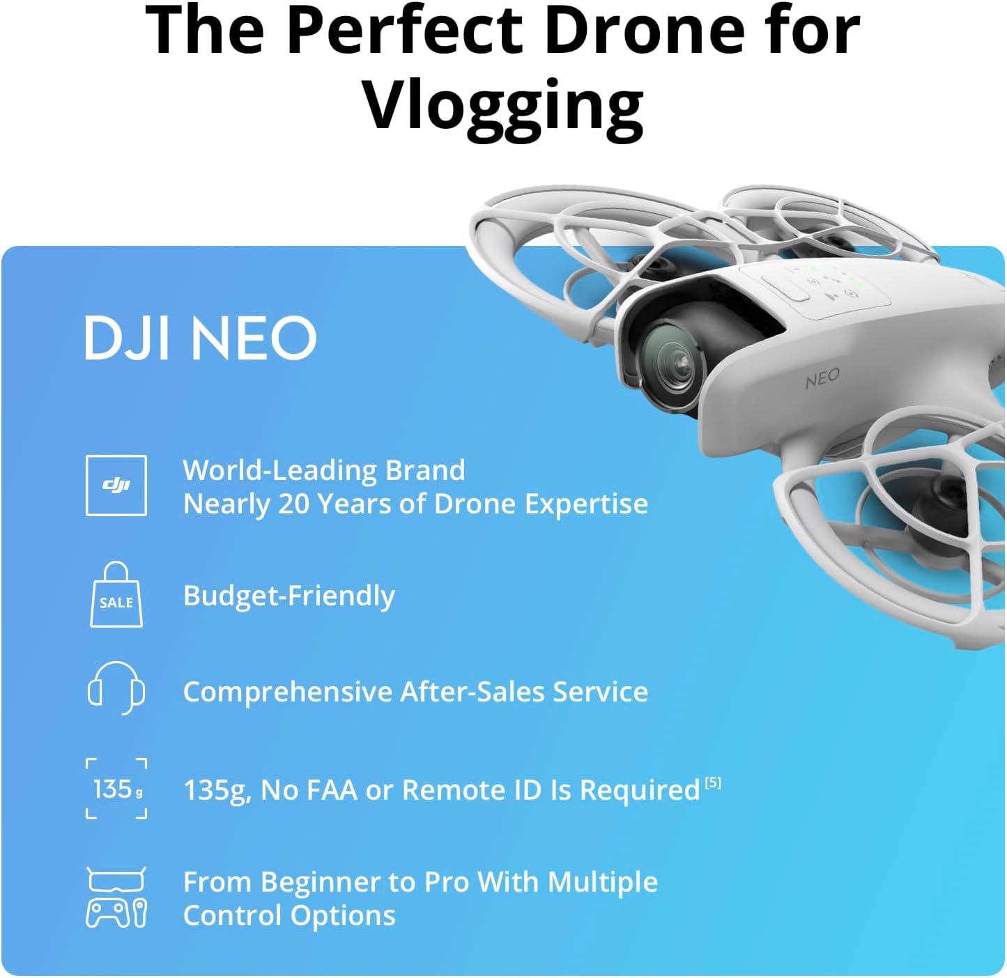 DJI Neo, Mini Drone with 4K UHD Camera for Adults, 135g Self Flying Drone that Follows You, Palm Takeoff, AI Subject Tracking, QuickShots, Stabilized Video, Built-In Propeller Guard (Controller-Free)