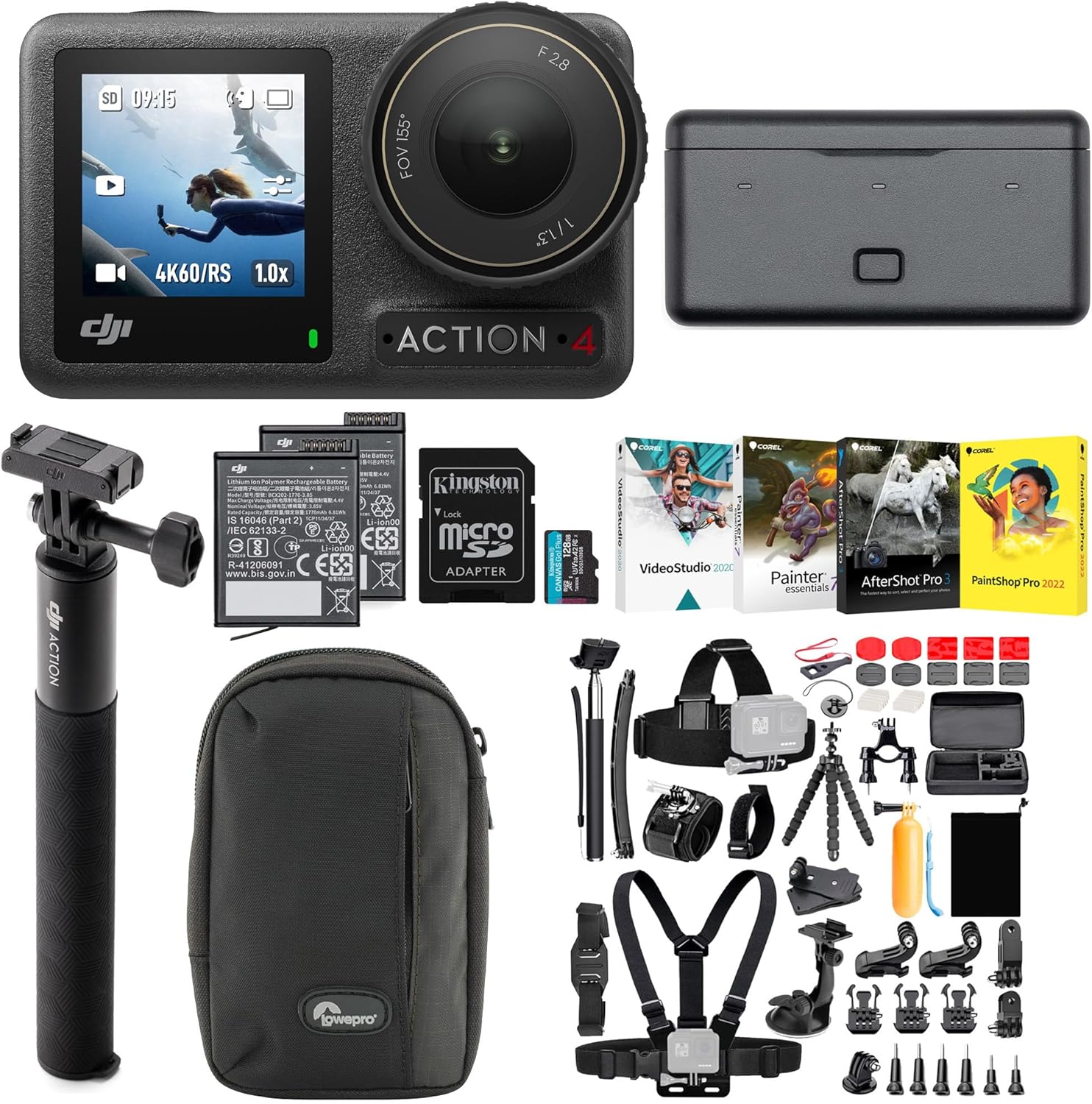 DJI Osmo Action 4 Camera Adventure Combo Bundle with 50 Piece Accessory Kit, Memory Card and Software - 1/1.3 Sensor, Low-Light Imaging, Deep-Freeze Resistant  Long-Lasting Battery Life