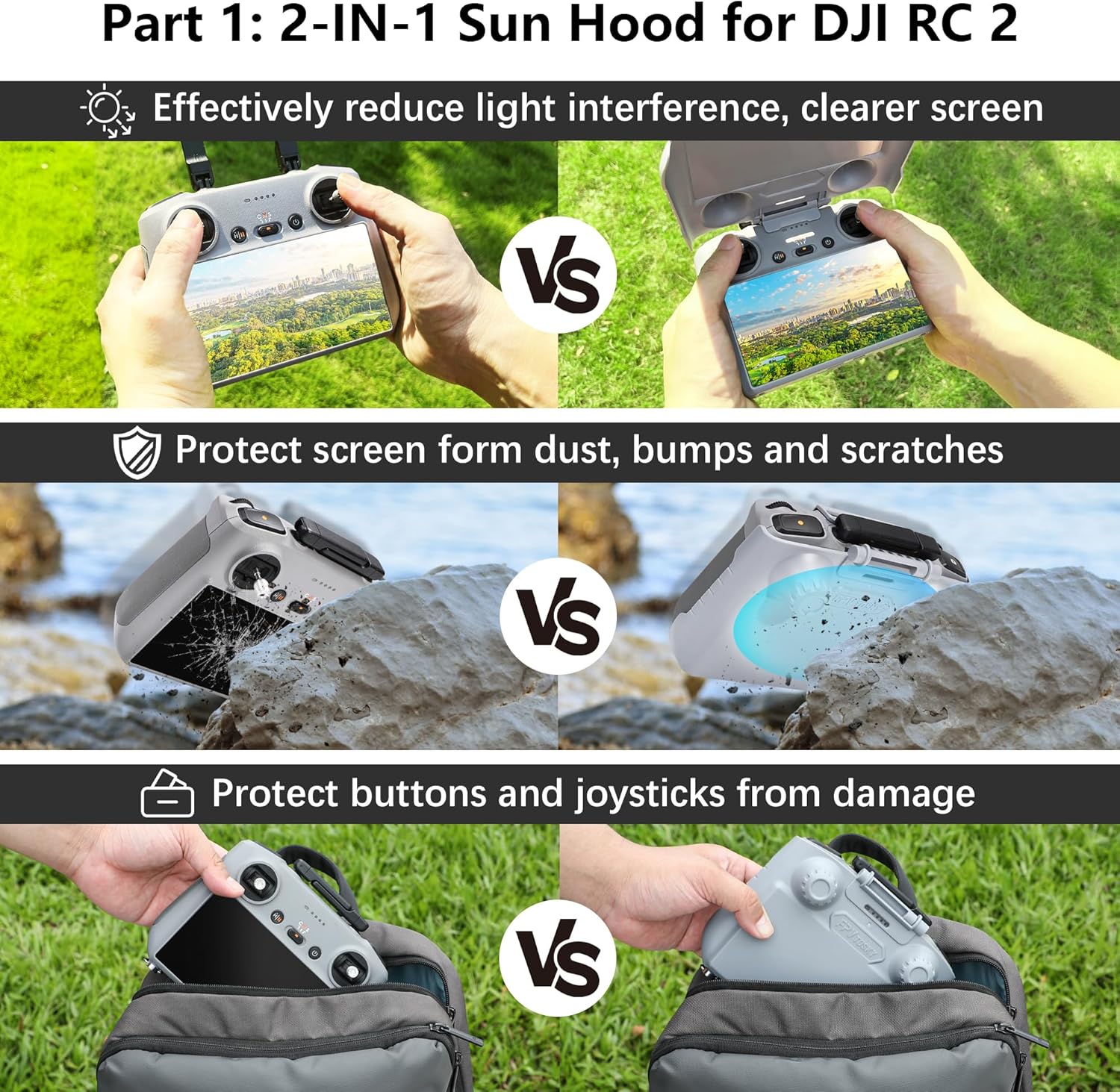 FPVtosky 3-IN-1 Mini 4 Pro RC 2 Sun Hood protective Cover + 2 Screen Protector + Lanyard Bundle, Fits DJI Mini 4 Pro/Air 3 RC2 Remote Controller, DJI RC 2 Accessories