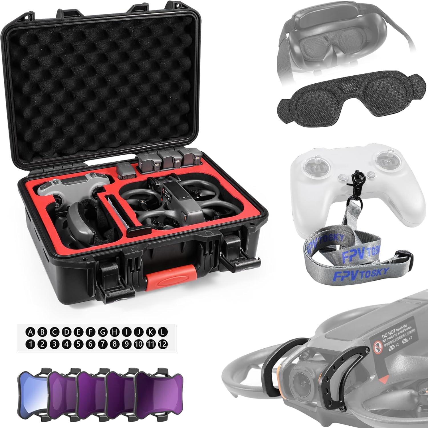 FPVtosky 6-IN-1 Avata 2 Accessories Kit, Avata 2 Hard Case, Gimbal Bumper, 5pack ND Filter Set, Goggle 3 Dust Cover, Neck Lanyard, Battery Digital Sticker for DJI Avata2 Drone Combo Accessories