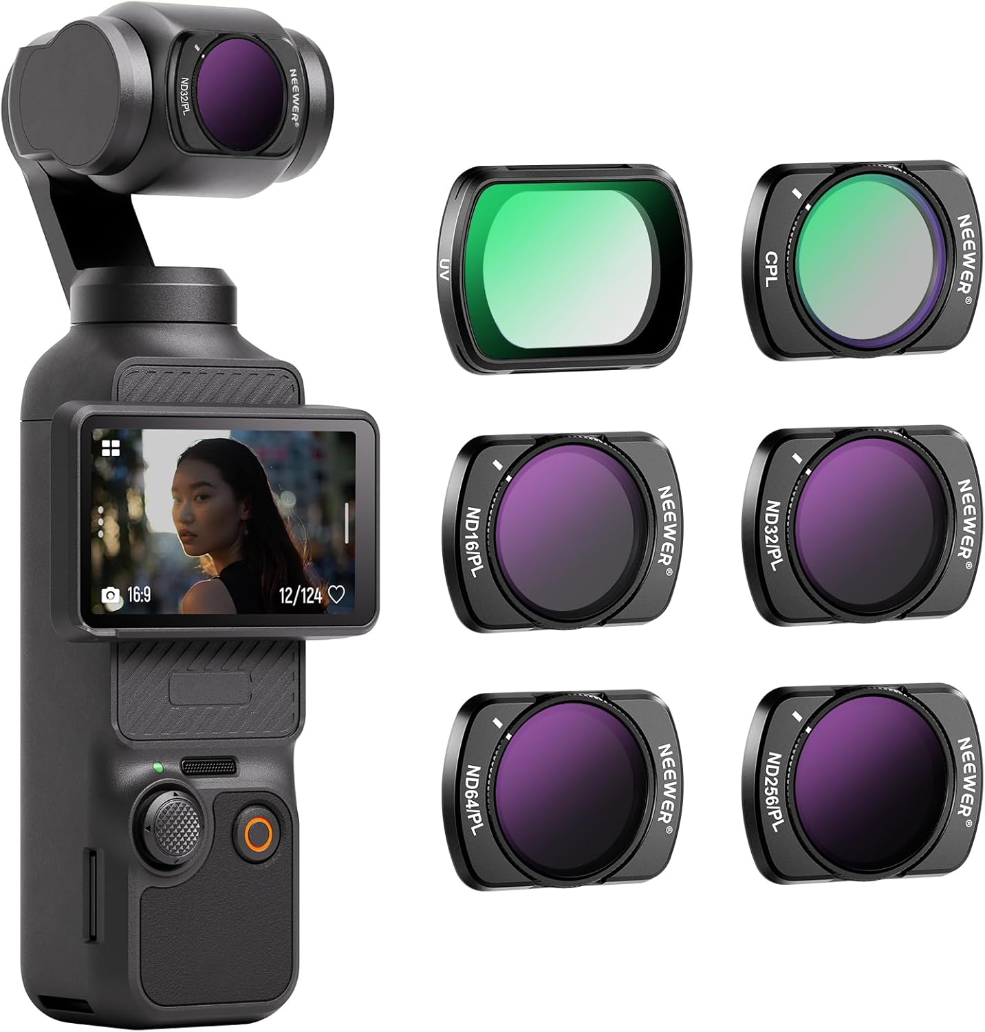 NEEWER Magnetic ND/CPL Filter Set Compatible with DJI OSMO Pocket 3, 6 Pack UV CPL ND16/PL ND32/PL ND64/PL ND256/PL Polarizing and Neutral Density Filters, Multi Coated HD Optical Glass/Aluminum Frame