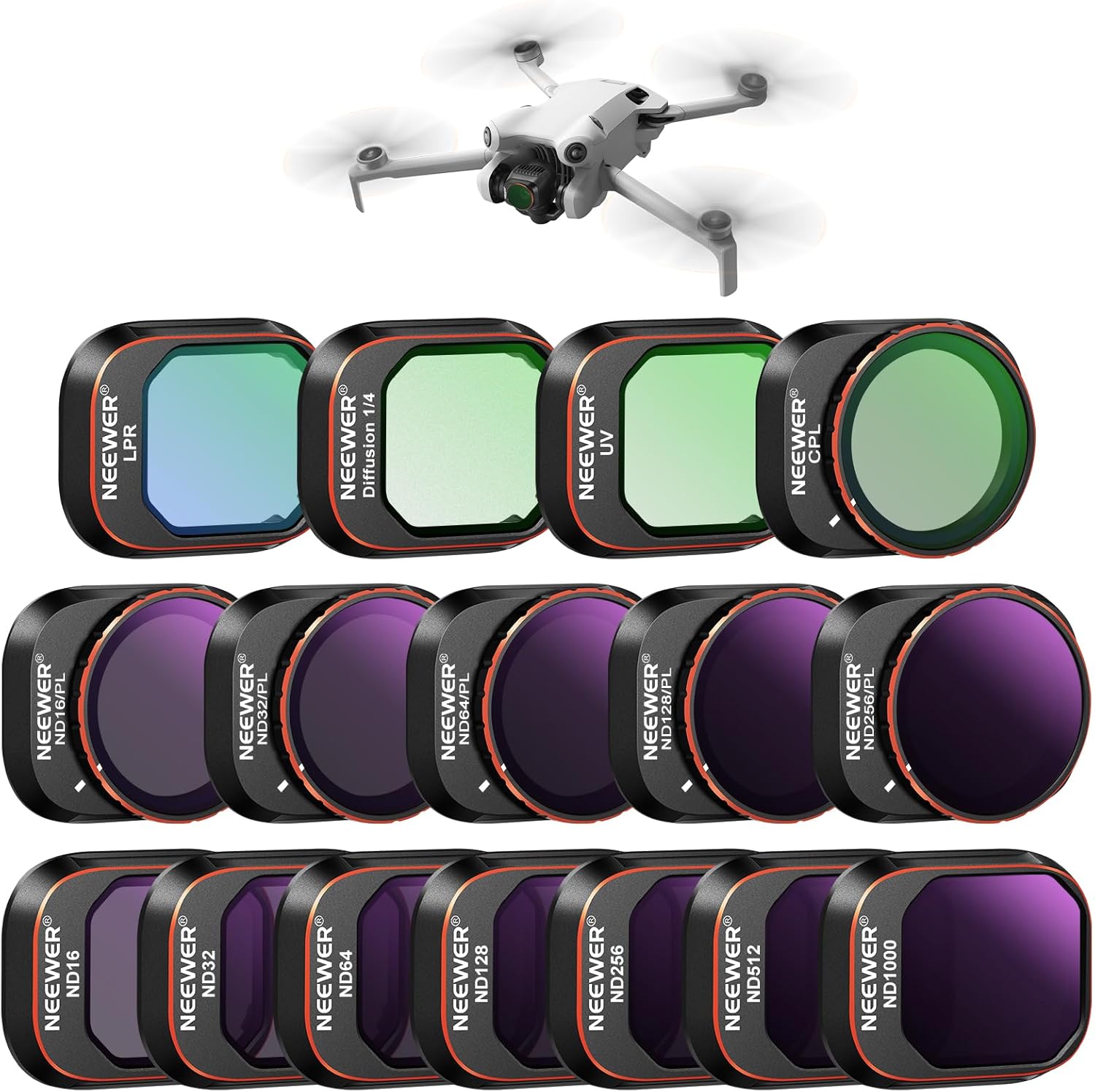 NEEWER ND  CPL  Effect Filter Set for DJI Mini 4 Pro, 16 Pack HD ND16 ND32 ND64 ND128 ND256 ND512 ND1000 ND16/PL ND32/PL ND64/PL ND128/PL ND256/PL, UV, CPL, LPR, Black Diffusion 1/4