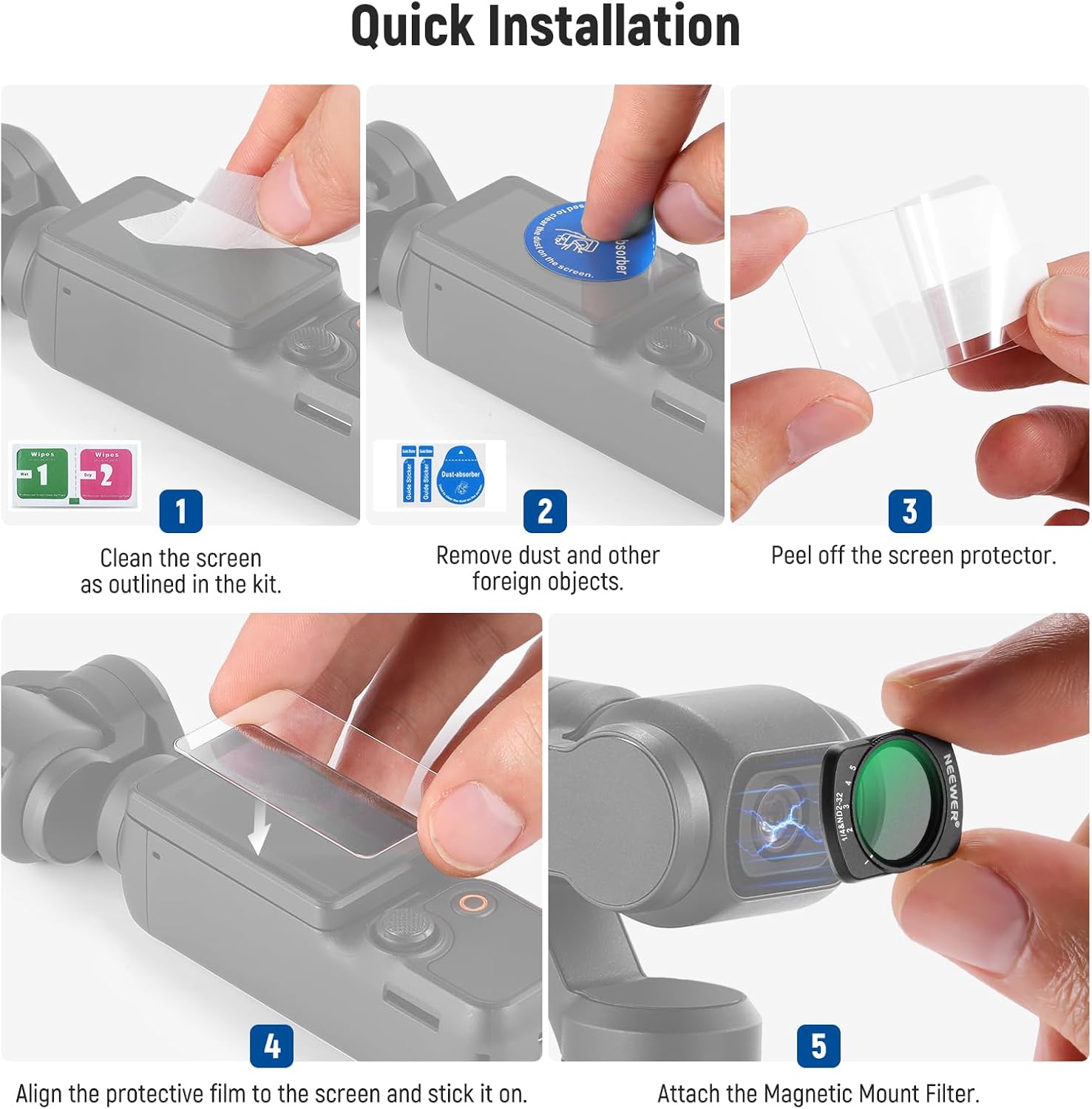NEEWER Variable ND2-32  1/4 Black Diffusion Filter Compatible with DJI Osmo Pocket 3, Neutral Density Filter Camera Accessories with 2 Tempered Glass Screen Protectors, Multi Coated HD Optical Glass