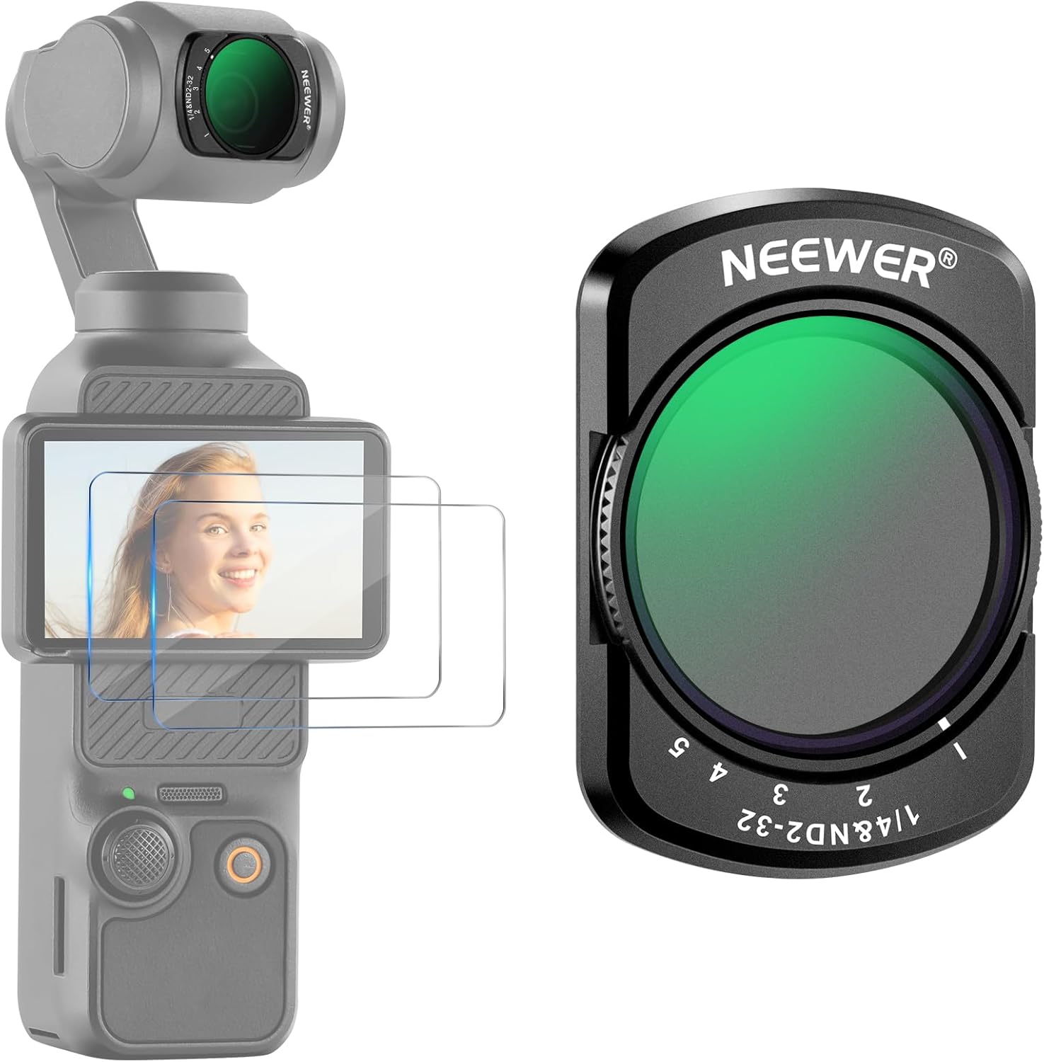 NEEWER Variable ND2-32  1/4 Black Diffusion Filter Compatible with DJI Osmo Pocket 3, Neutral Density Filter Camera Accessories with 2 Tempered Glass Screen Protectors, Multi Coated HD Optical Glass