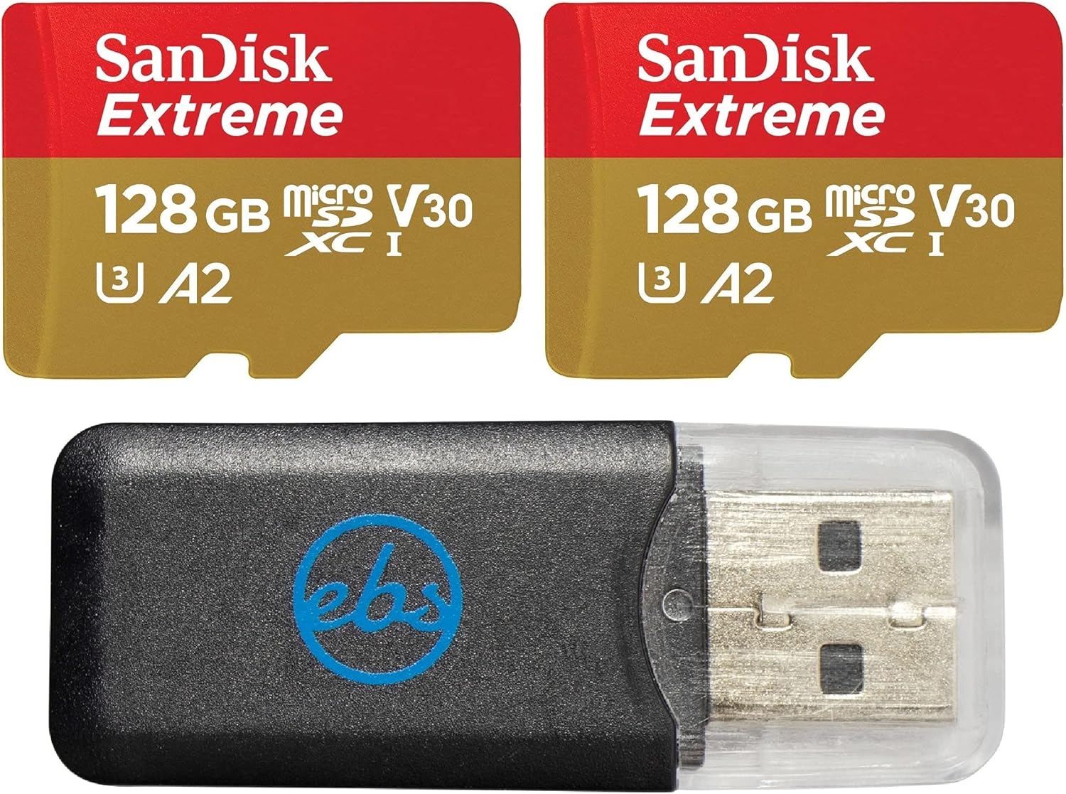 SanDisk Micro SDXC 128GB Extreme Memory Card (2 Pack) Works with DJI Drone Series Mini 4 Pro (SDSQXAA-128G-GN6MN) V30 A2 4K UHD UHS-I Bundle with (1) Everything But Stromboli MicroSD Card Reader