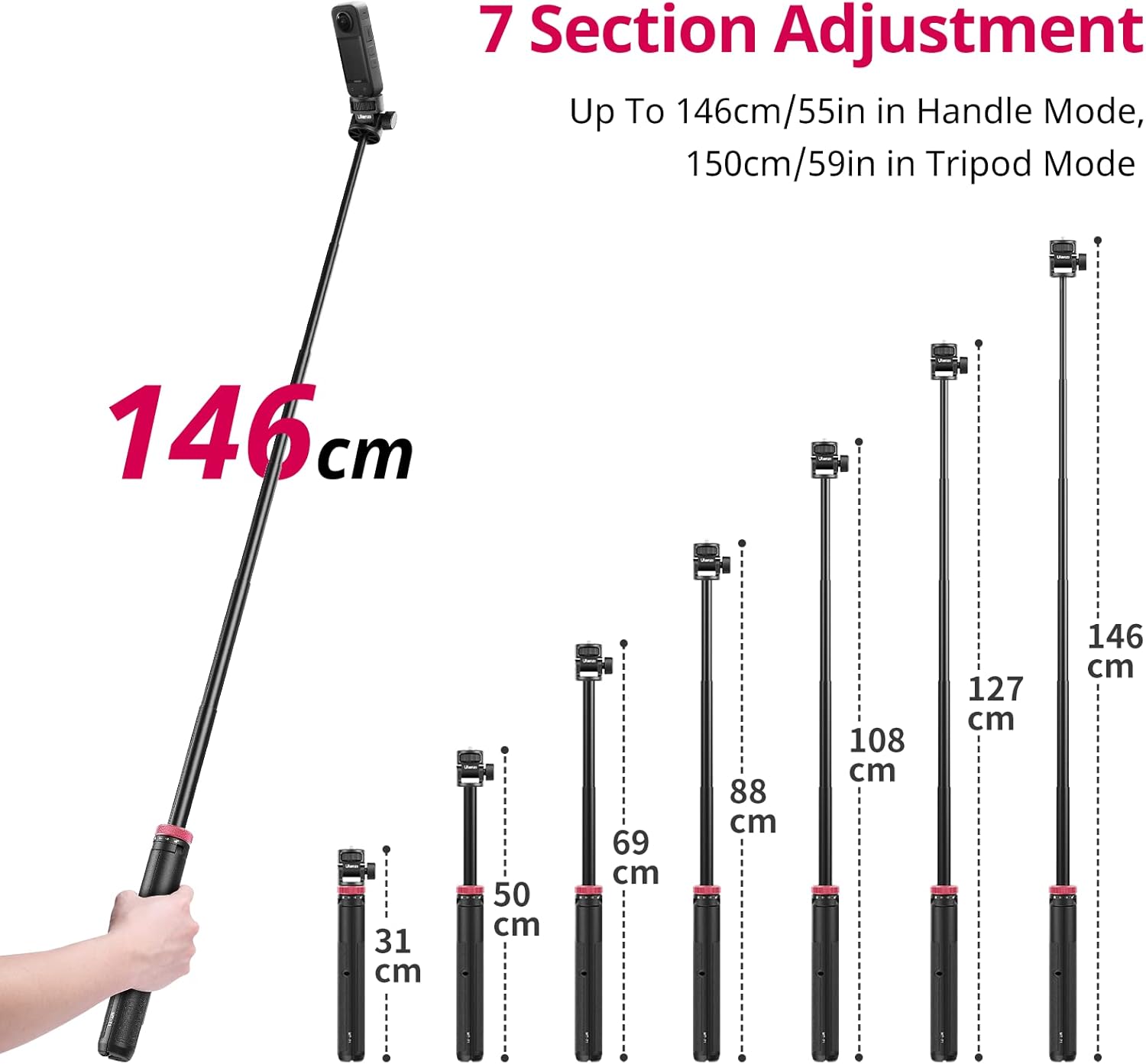 59in Selfie Tripod for Camera - ULANZI MT-71 Invisible Long Extendable Selfie Vlog Handle Portable Lightweight Tripod Stand 7 Sections for Action Cameras