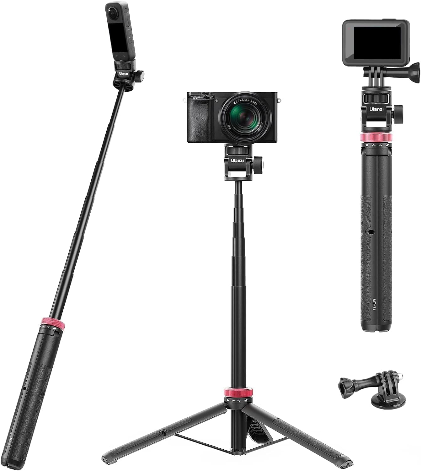 59in Selfie Tripod for Camera - ULANZI MT-71 Invisible Long Extendable Selfie Vlog Handle Portable Lightweight Tripod Stand 7 Sections for Action Cameras