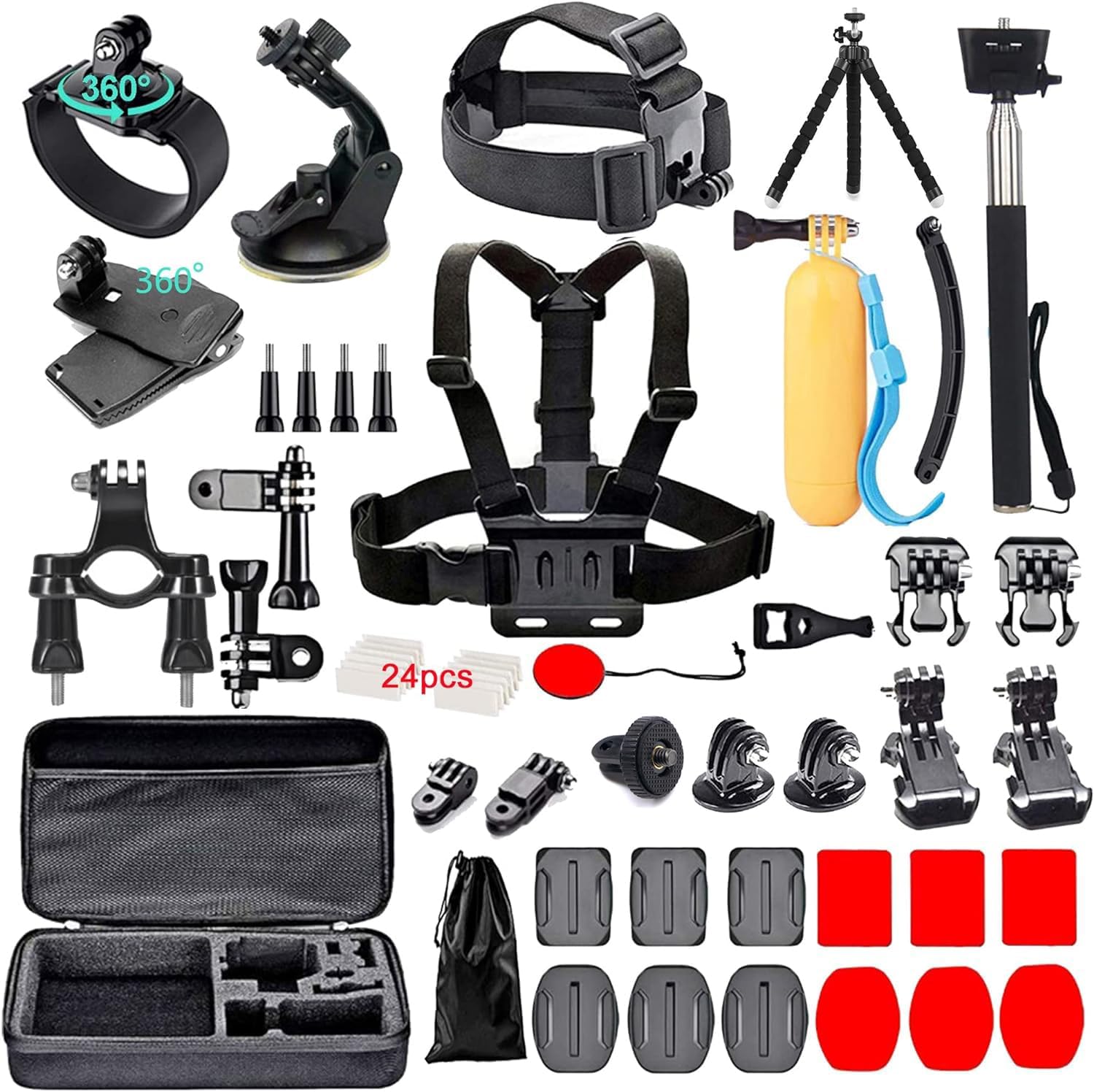 Black pro 60 in 1 Camera Accessories Kit Compatible with GoPro Hero 13 12 11 10 9 8 7, GoPro Max, GoPro Fusion, DJI Osmo Action, AKASO, APEMAN, Campark, SJCAM