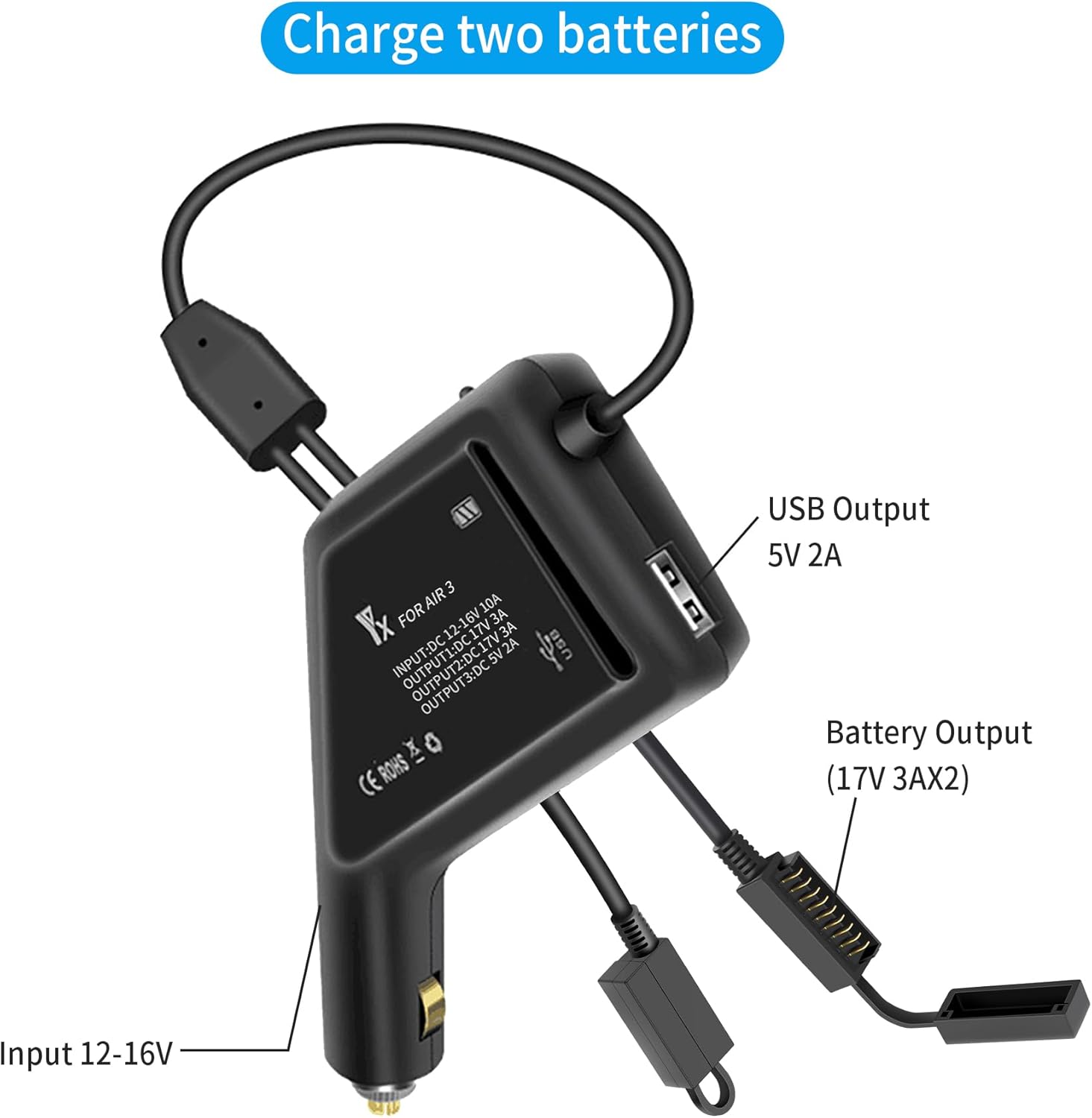 Hanatora 3 in 1 Battery Car Charger for DJI Air 3S,Air 3 Drone, 12V Rapid Charging Hub Accessories