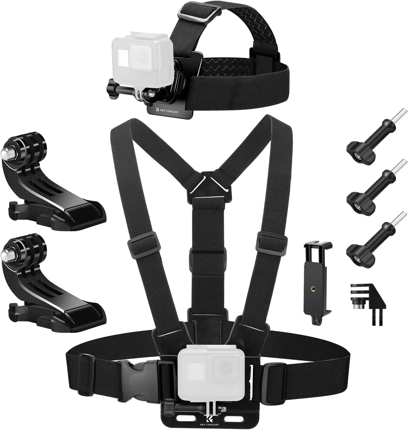 KF Concept Head Strap  Chest Mount Set for GoPro Hero 13 12 11 10 9 8 7 6 5 4 Session DJI Osmo Action Cameras, Quick Release Adjustable Action Camera Accessories Kit