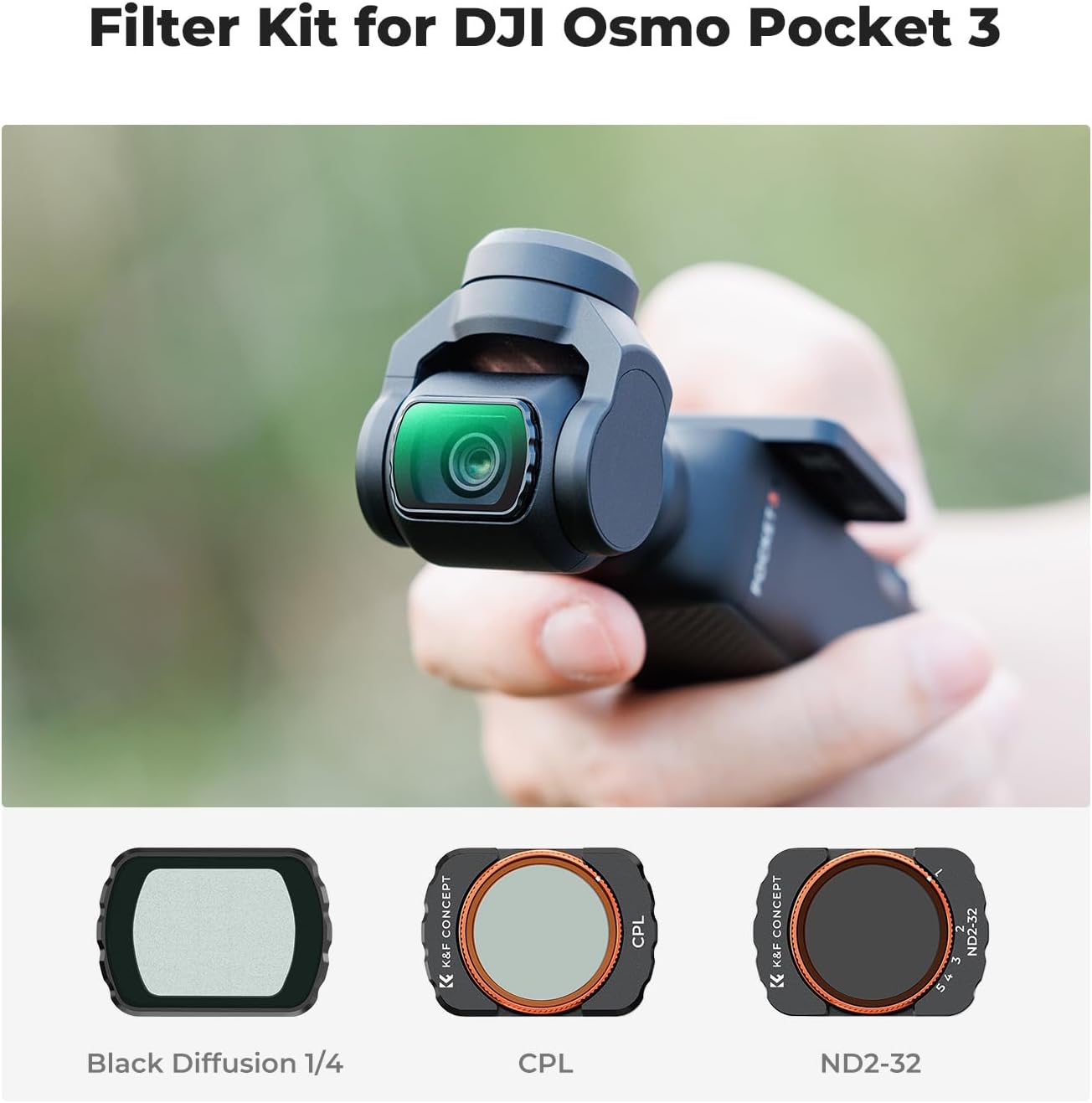 KF Concept Magnetic Effect  ND  CPL Filter Set Compatible with DJI Osmo Pocket 3, 3 Pack CPL Black Diffusion 1/4 ND2-32 Filters Accessories, HD Optical Glass/Multi-Coated