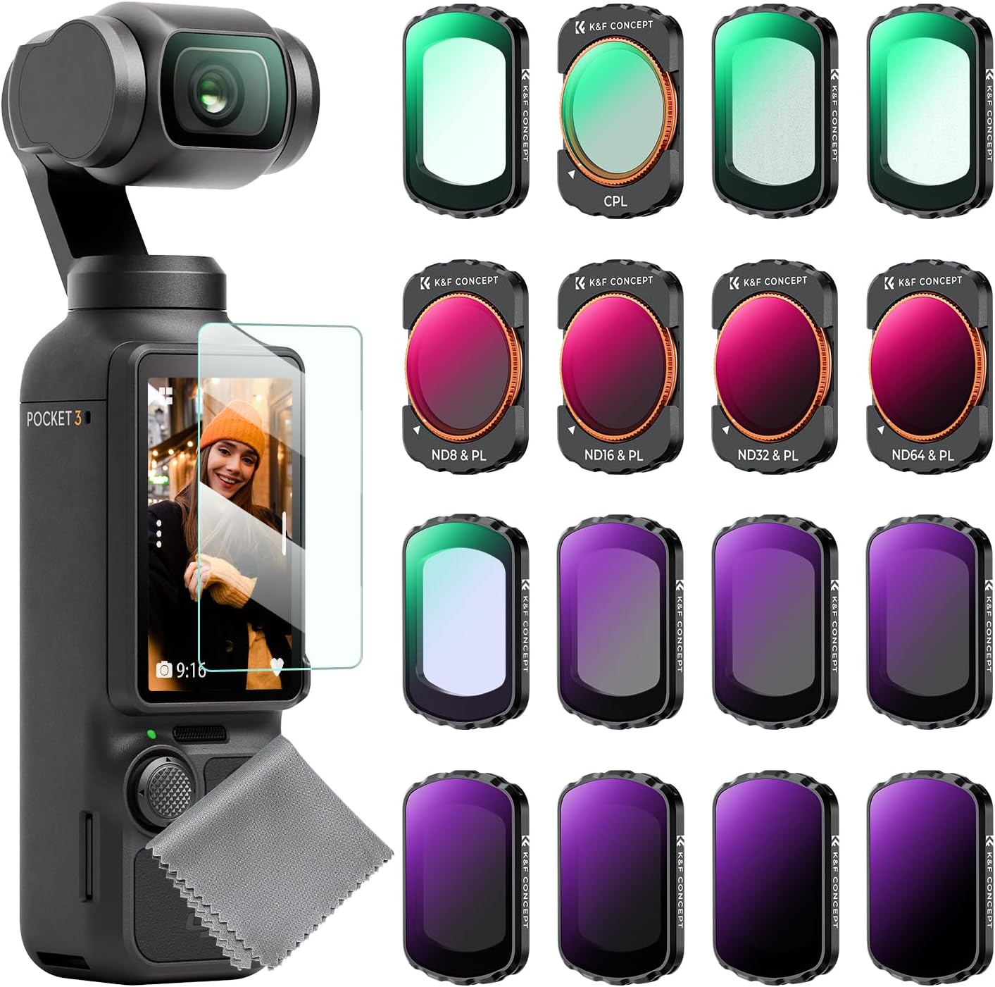 KF Concept ND, ND/PL, Effect Filter for DJI Osmo Pocket 3, 16Pack Black Diffusion 1/4 1/8 UV CPL ND32/PL ND16/PL ND8/PL ND64/PL ND8 ND16 ND32 ND64 ND128 ND256 ND1000, Light Pullution Reduction Filter