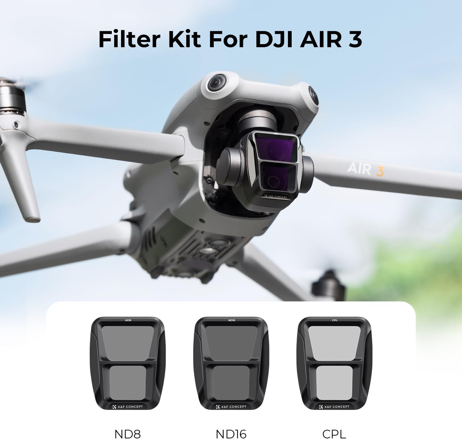 KF Concept ND PL Filter Kit Compatible with DJI Air 3, 3 Pack ND8 ND16 PL Neutral Density Polarizer Filters for Air 3 Drone Lens Accessories, Lightweight, Multi-Coated HD Optical Glass