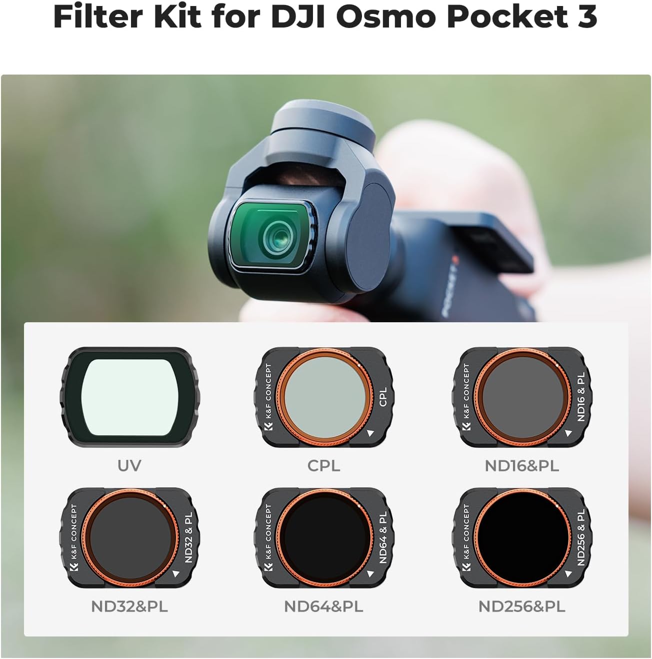 KF Concept UV/CPL/ND Filter Set Compatible with DJI Osmo Pocket 3, 6 Pack Magnetic UV+CPL+ND16/PL+ND32/PL+ND64/PL+ND256/PL Protection Polarizer Neutral Density Filters, Multi Coated HD Optical Glass